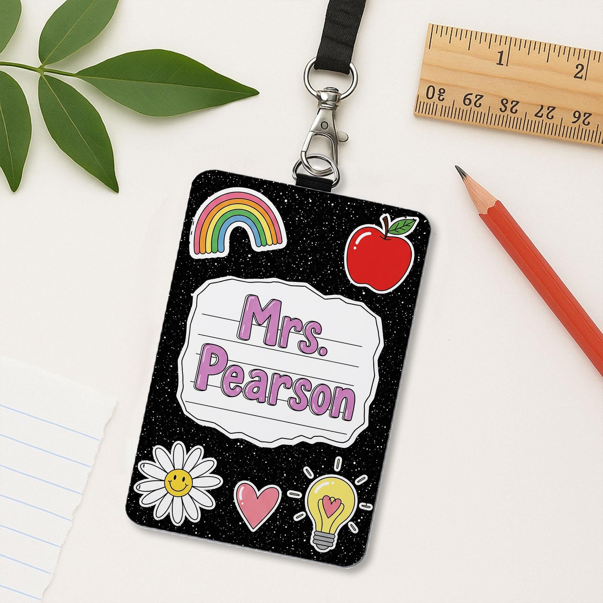Personalized Teacher Badge Holder, Custom Name Tag Lanyard, Cute Black Glitter ID Badge, Back to School Gift, Teacher School Accessory
