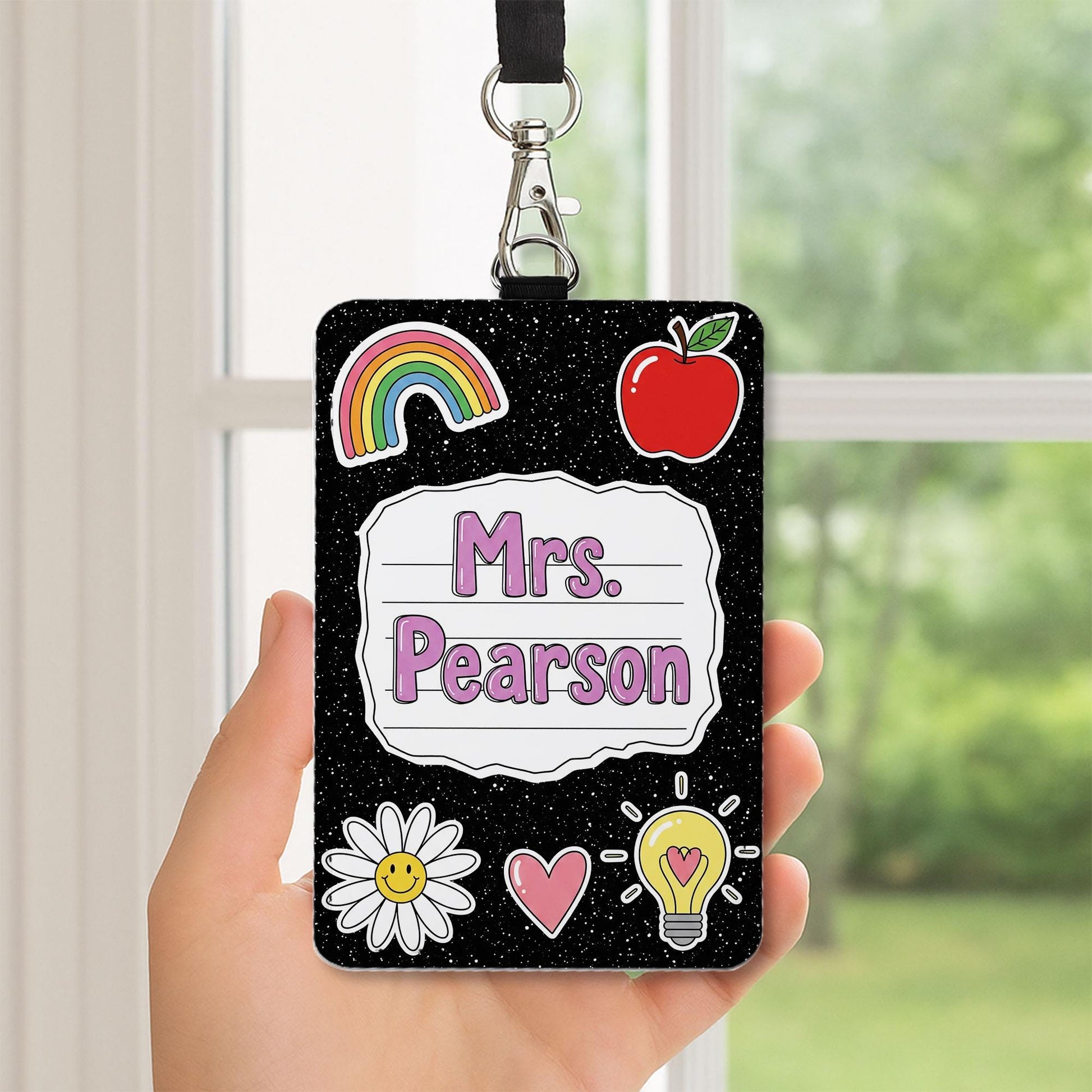 Personalized Teacher Badge Holder, Custom Name Tag Lanyard, Cute Black Glitter ID Badge, Back to School Gift, Teacher School Accessory
