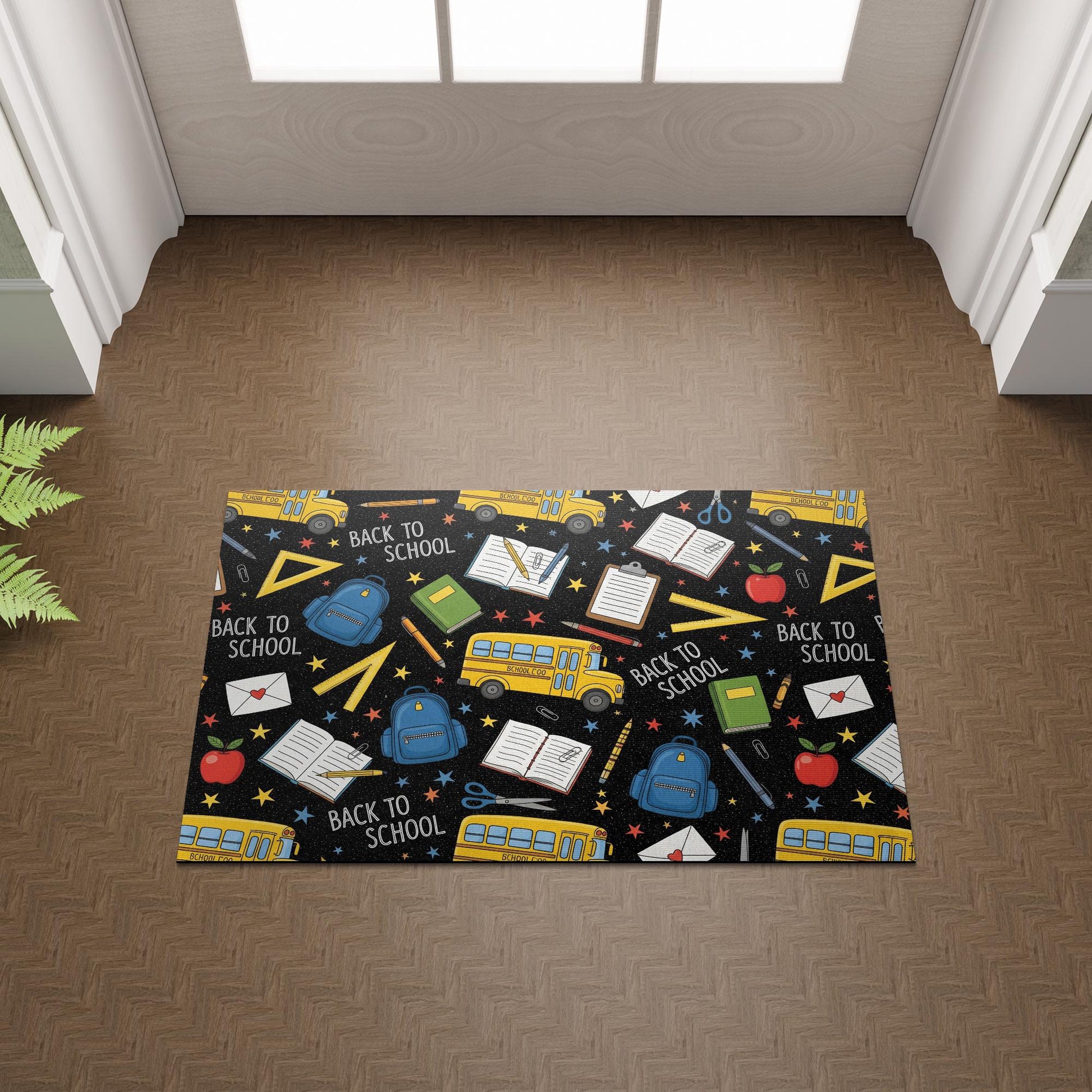 Back to School Doormat, School Supplies Door Mat, Welcome Mat for Teachers, Classroom Rug, School Entry Mat, Bus Print Decor