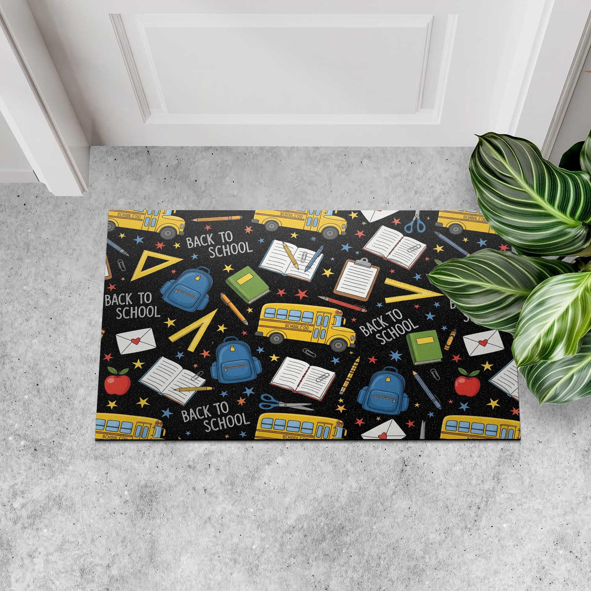 Back to School Doormat, School Supplies Door Mat, Welcome Mat for Teachers, Classroom Rug, School Entry Mat, Bus Print Decor