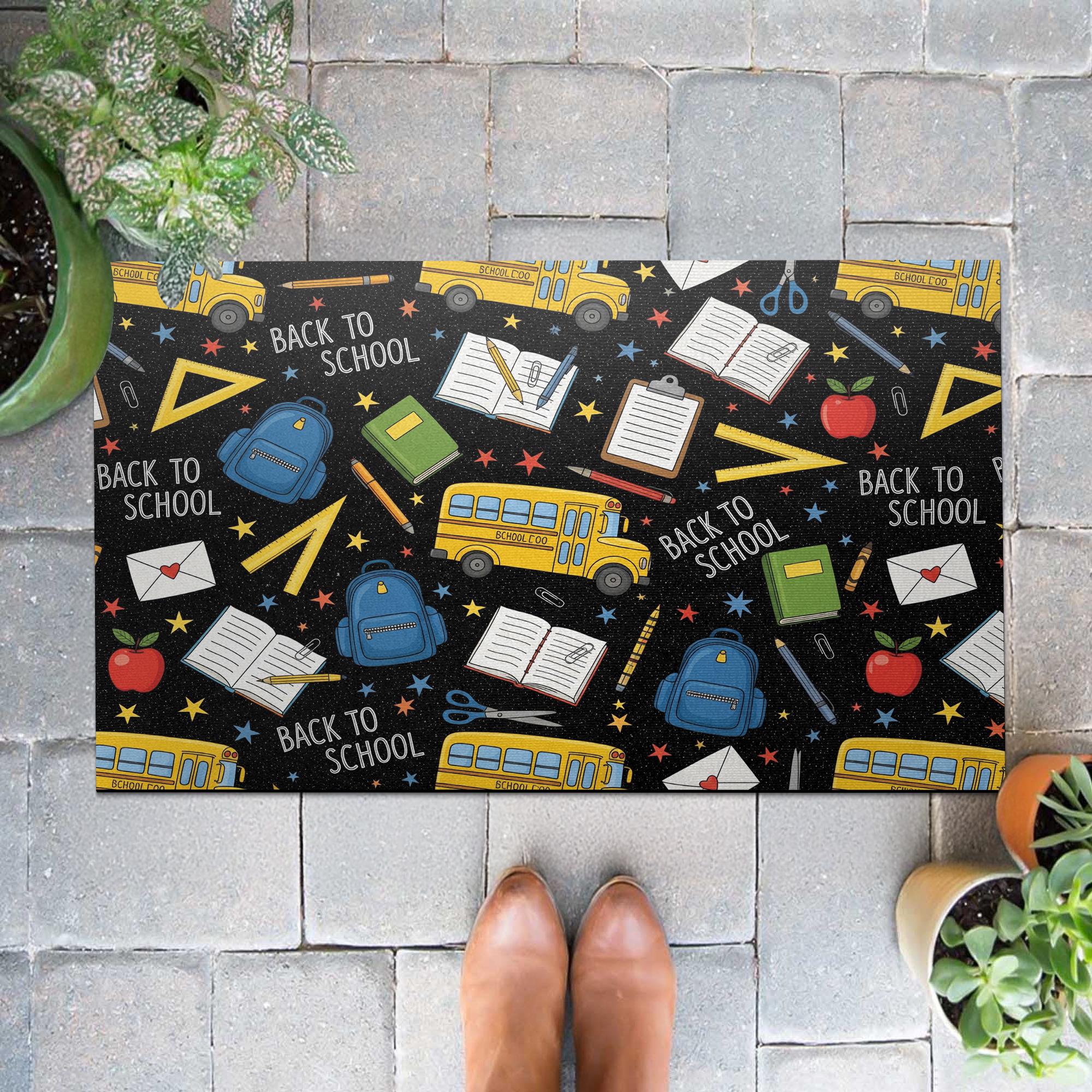 Back to School Doormat, School Supplies Door Mat, Welcome Mat for Teachers, Classroom Rug, School Entry Mat, Bus Print Decor
