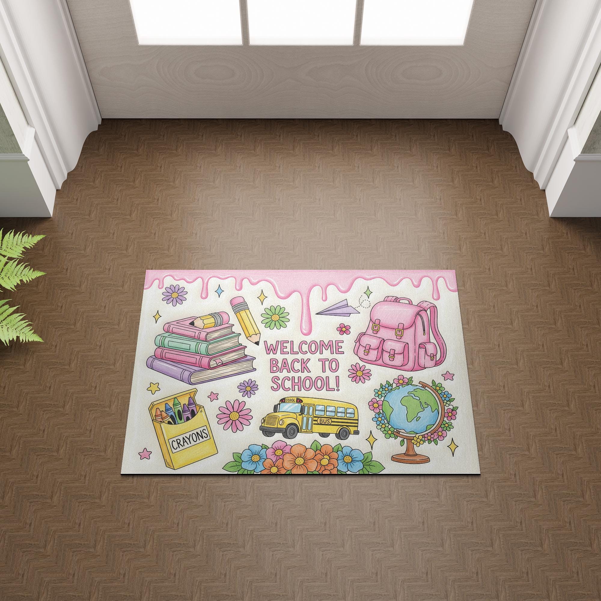 Welcome Back to School Dripping Doormat, Cute Pink Backpack Rug, Teacher Entry Mat, Classroom Decor, Crayon Floral School Door Mat