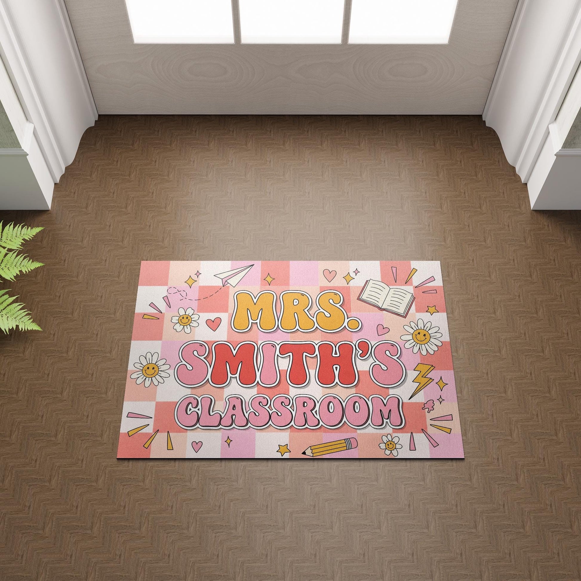 Custom Teacher Classroom Doormat, Classroom Entry Mat, Cute Pink Back to School Rug, Personalized Teacher Door Decor