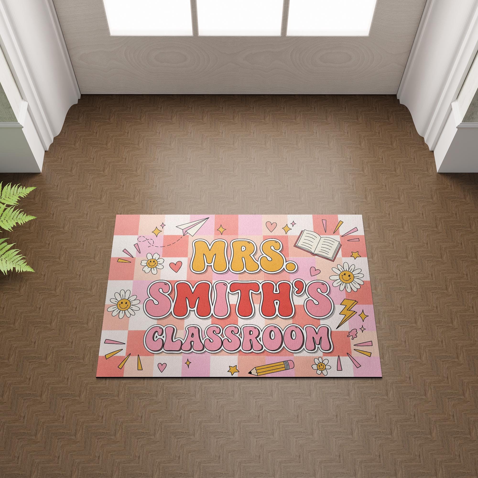 Custom Teacher Classroom Doormat, Classroom Entry Mat, Cute Pink Back to School Rug, Personalized Teacher Door Decor