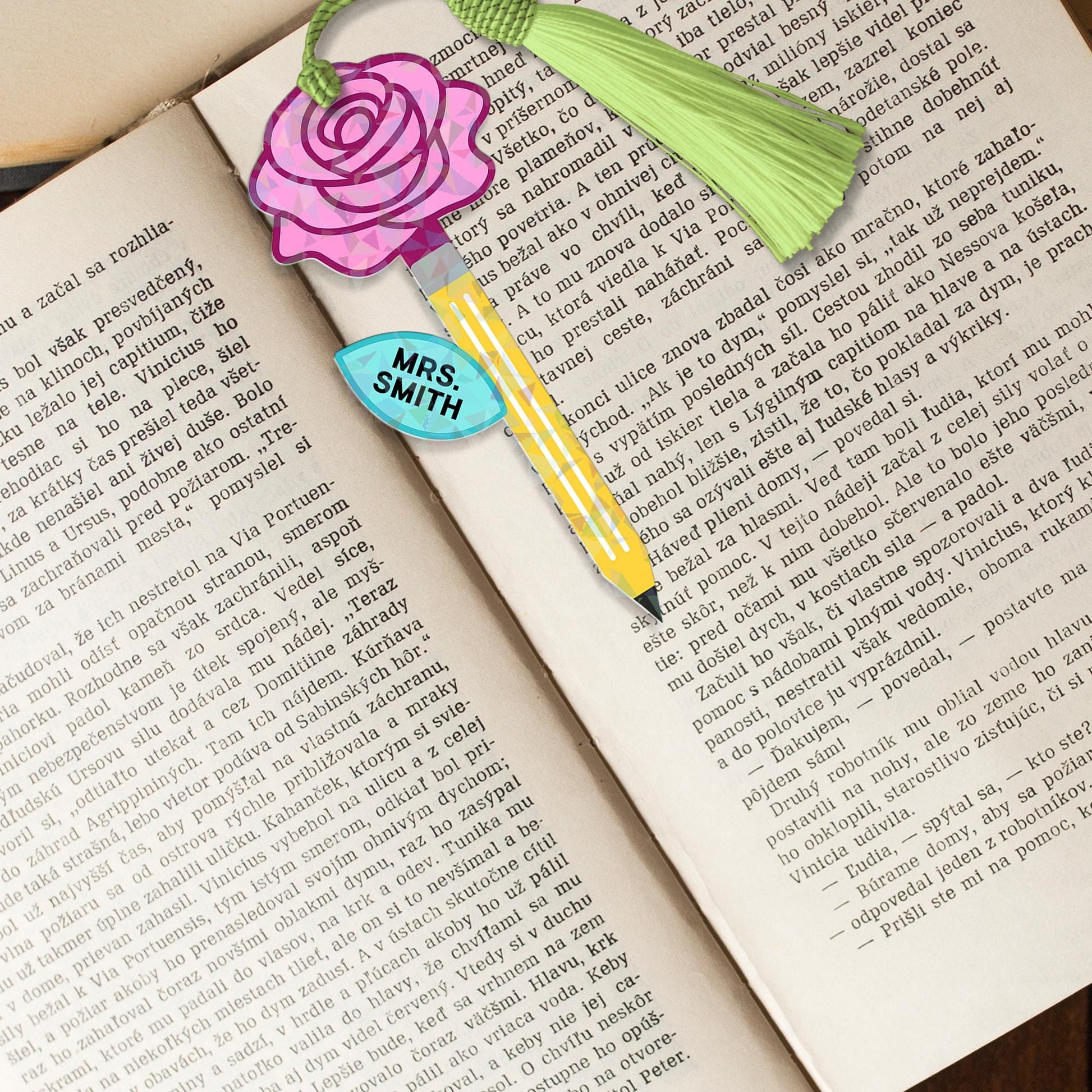 Personalized Teacher Hologram Bookmark with Rose & Pencil – Custom Name Tassel Bookmark for Teacher or Book Lover Gift, Back To School Gift