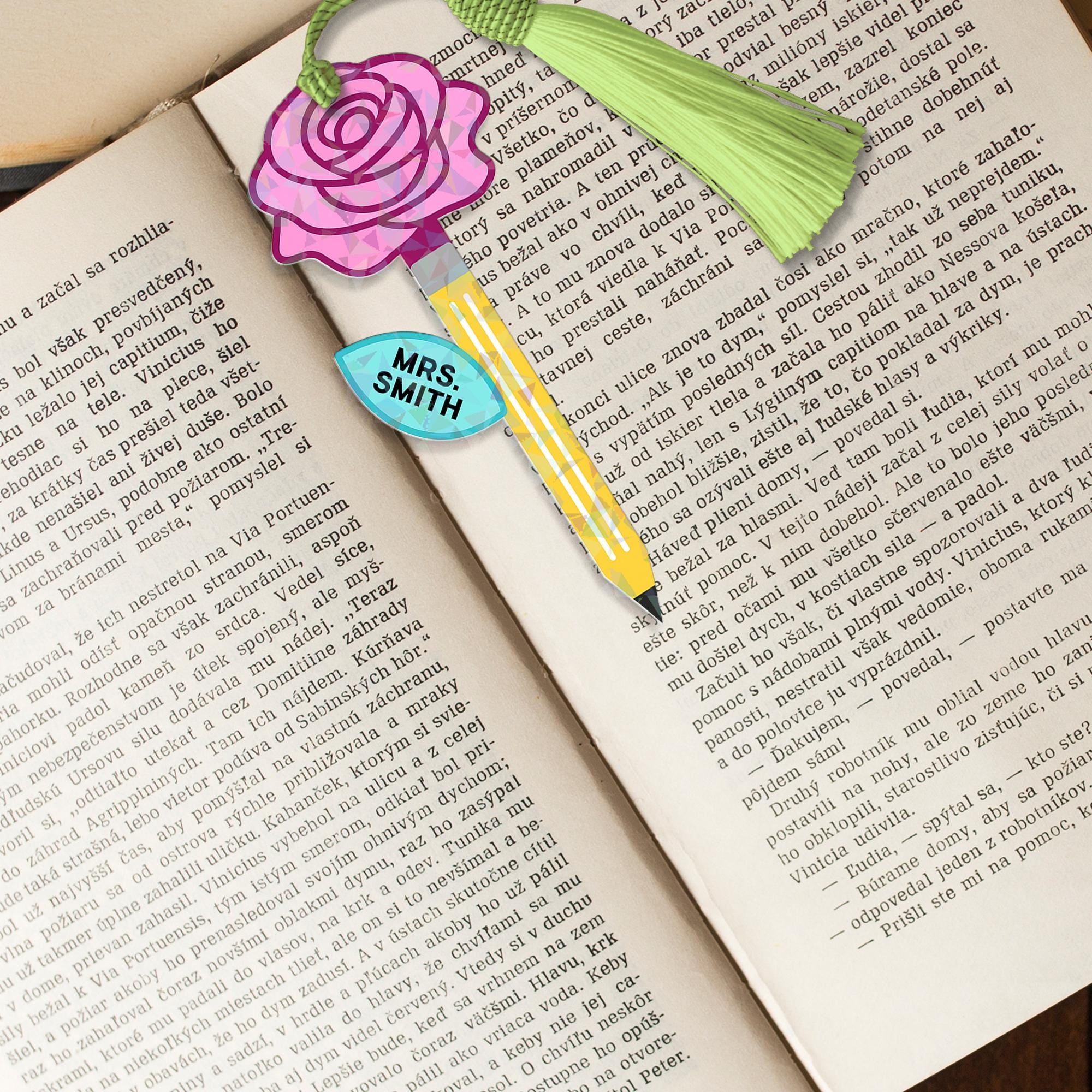 Personalized Teacher Hologram Bookmark with Rose & Pencil – Custom Name Tassel Bookmark for Teacher or Book Lover Gift, Back To School Gift
