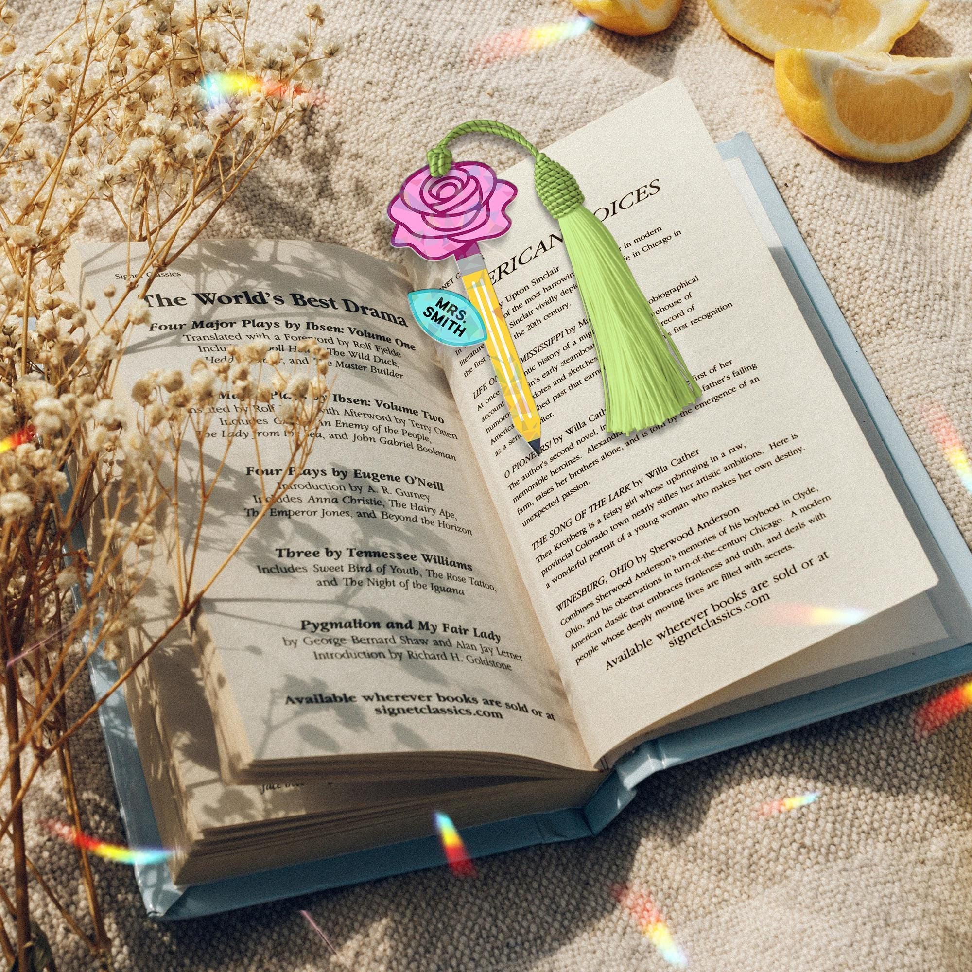 Personalized Teacher Hologram Bookmark with Rose & Pencil – Custom Name Tassel Bookmark for Teacher or Book Lover Gift, Back To School Gift