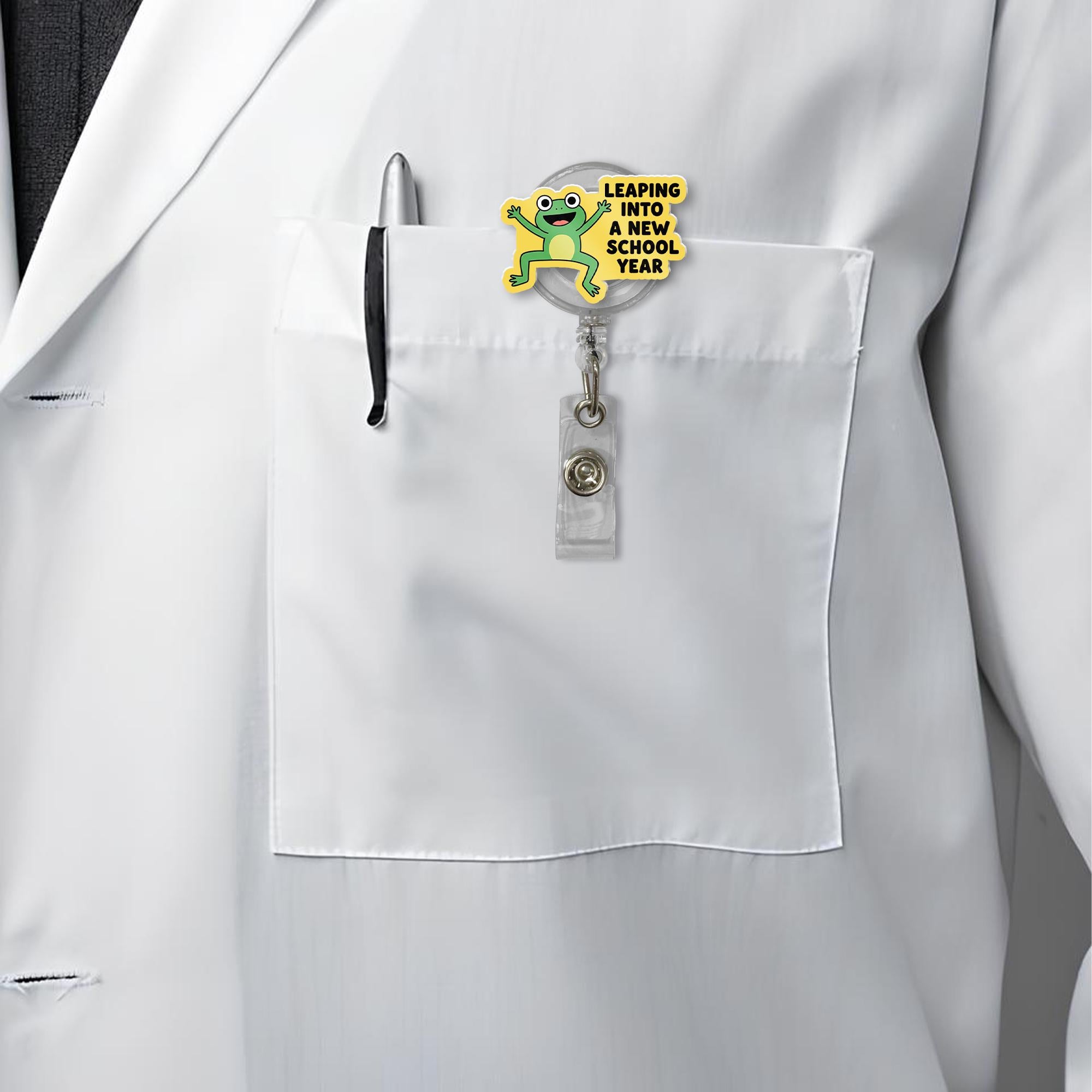 Leaping Into a New School Year Badge Reel, Frog Teacher Badge Holder, Back to School ID Clip, Cute Classroom Accessory