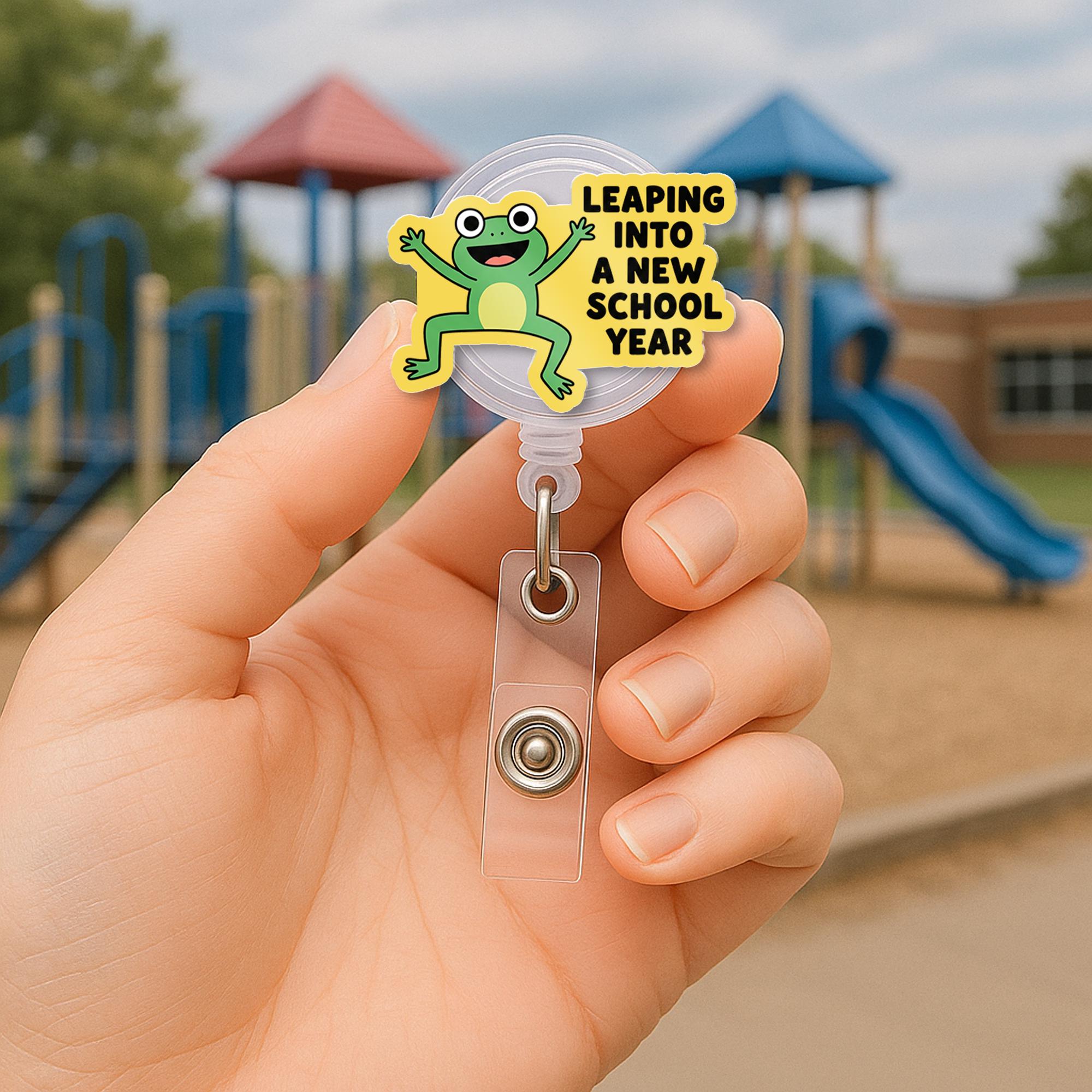 Leaping Into a New School Year Badge Reel, Frog Teacher Badge Holder, Back to School ID Clip, Cute Classroom Accessory