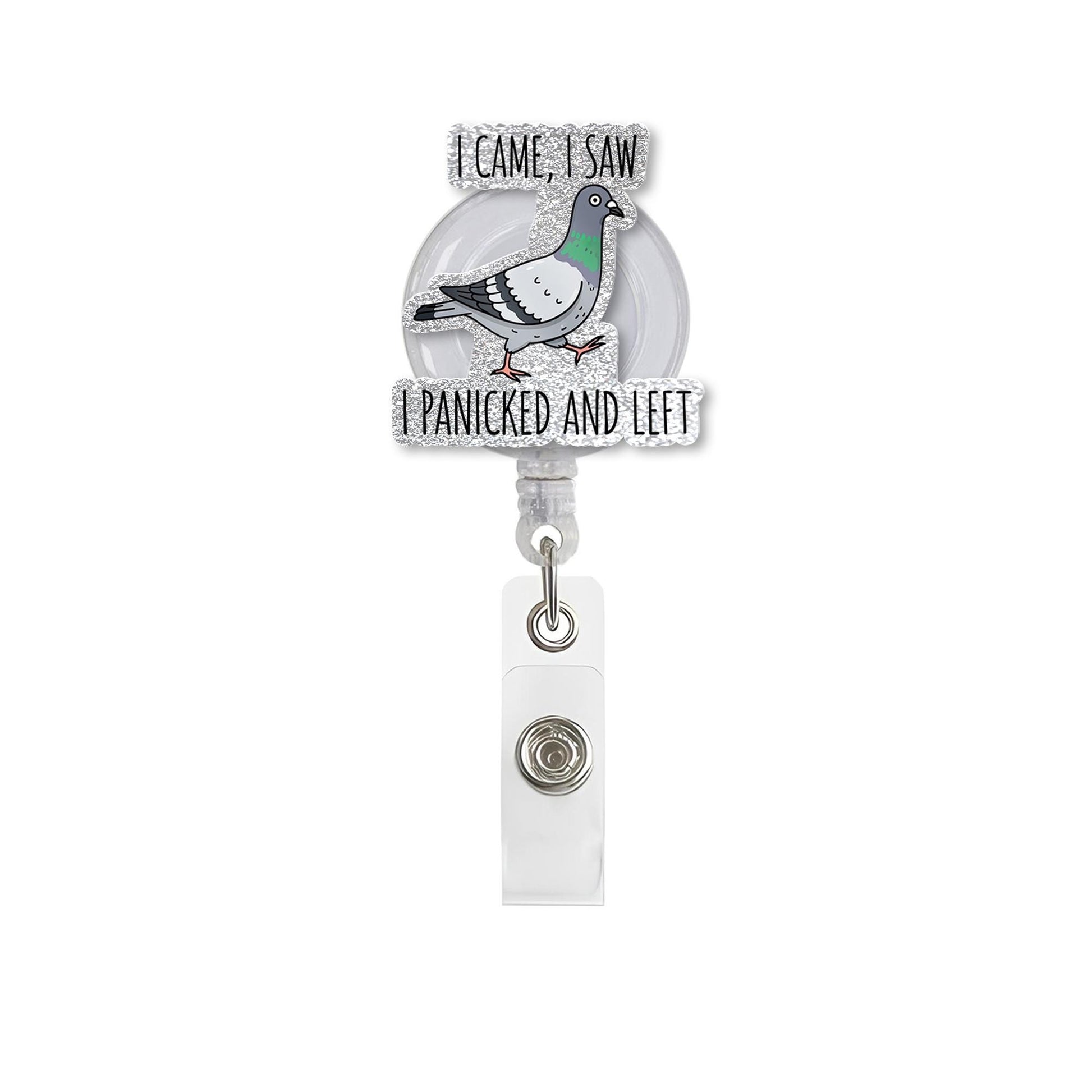 Funny Pigeon Badge Reel, I Came I Saw I Panicked and Left, Bird ID Holder, Quirky Office Gift, Nurse Badge Clip, Anxiety Humor