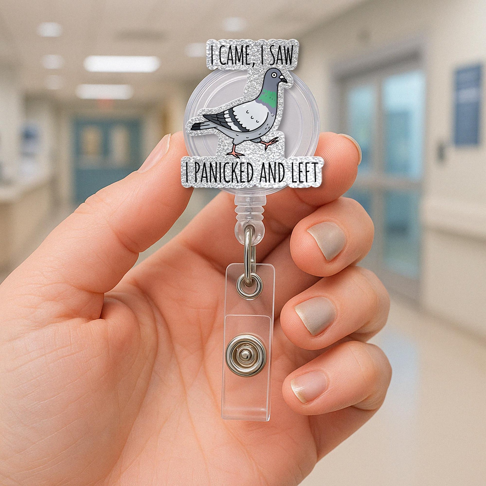 Funny Pigeon Badge Reel, I Came I Saw I Panicked and Left, Bird ID Holder, Quirky Office Gift, Nurse Badge Clip, Anxiety Humor