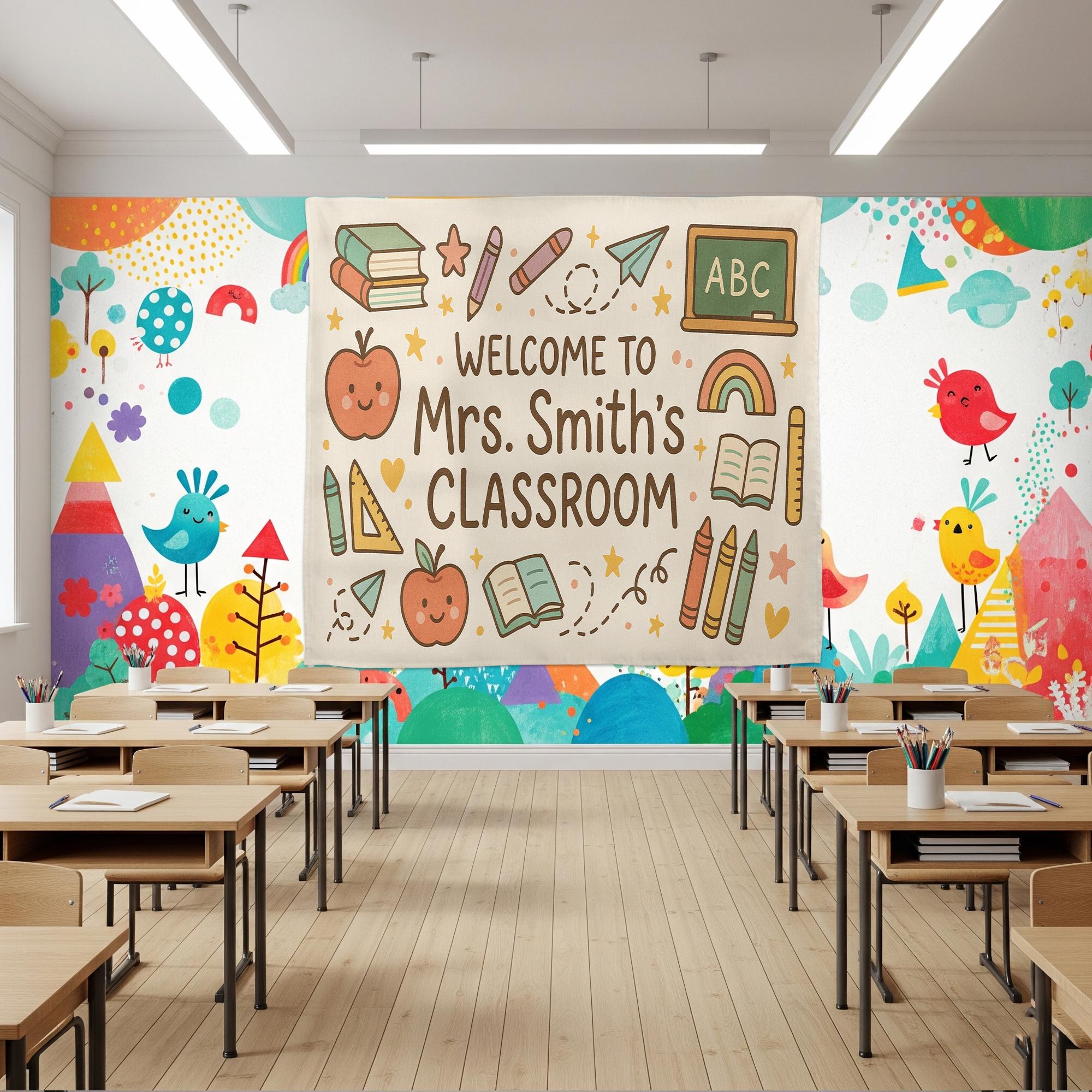 Custom Teacher Classroom Banner, Personalized Welcome Tapestry, Back to School Wall Decor, Teacher Name Sign, ABC Themed Decor