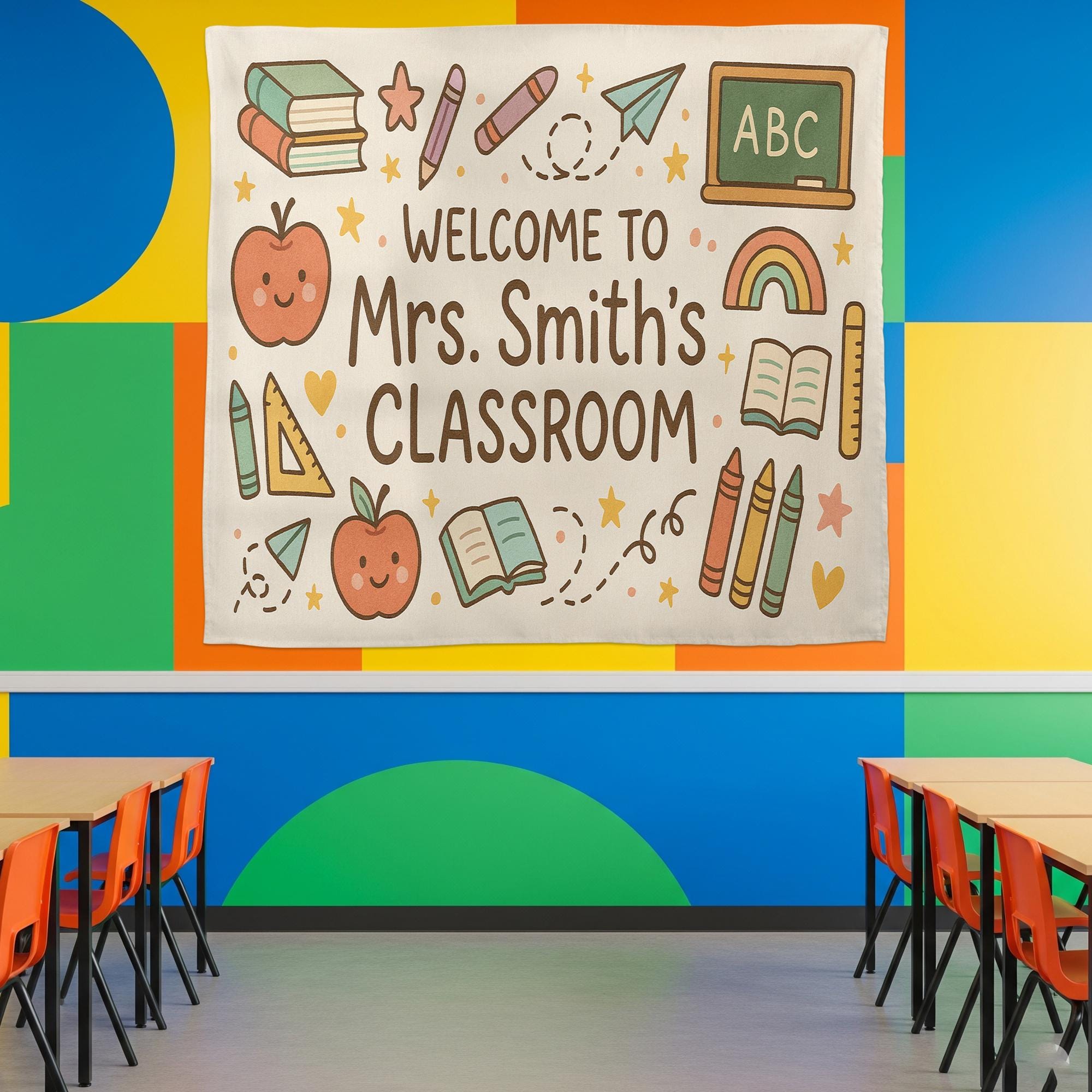 Custom Teacher Classroom Banner, Personalized Welcome Tapestry, Back to School Wall Decor, Teacher Name Sign, ABC Themed Decor