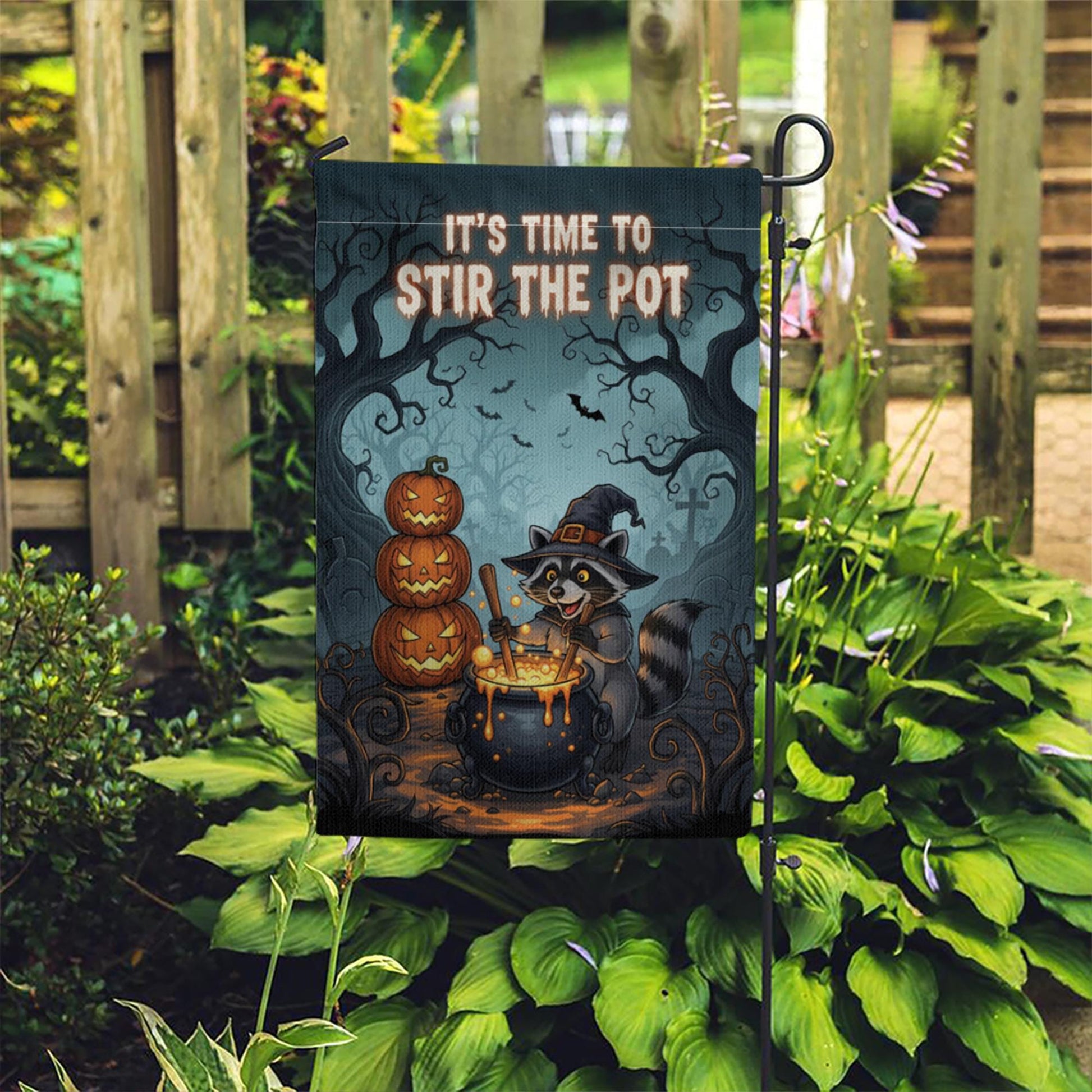Halloween Garden Flag - Witch Raccoon Stirring Cauldron - Funny Fall Yard Decor - Spooky Cute Outdoor Sign - Stir The Pot Banner