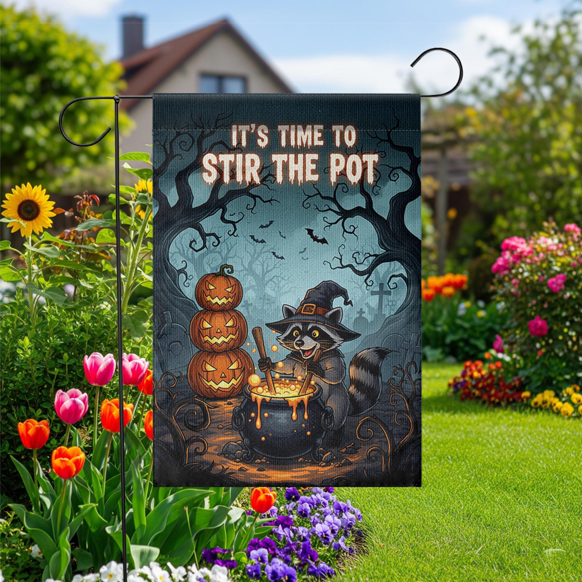Halloween Garden Flag - Witch Raccoon Stirring Cauldron - Funny Fall Yard Decor - Spooky Cute Outdoor Sign - Stir The Pot Banner