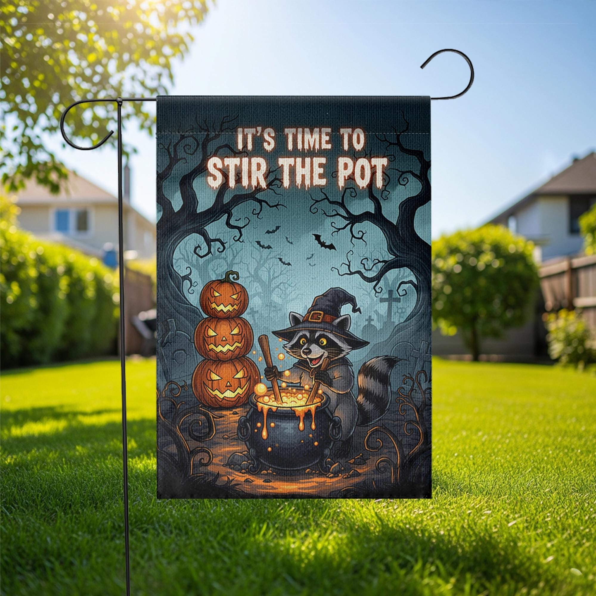 Halloween Garden Flag - Witch Raccoon Stirring Cauldron - Funny Fall Yard Decor - Spooky Cute Outdoor Sign - Stir The Pot Banner