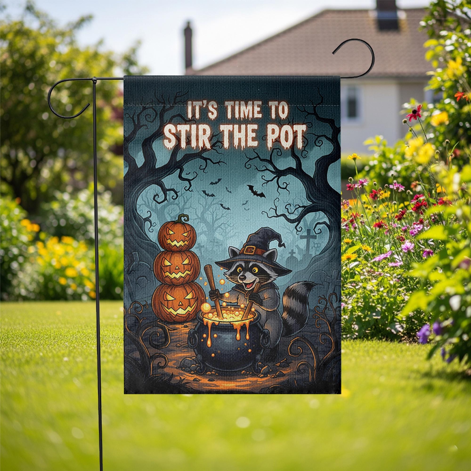 Halloween Garden Flag - Witch Raccoon Stirring Cauldron - Funny Fall Yard Decor - Spooky Cute Outdoor Sign - Stir The Pot Banner