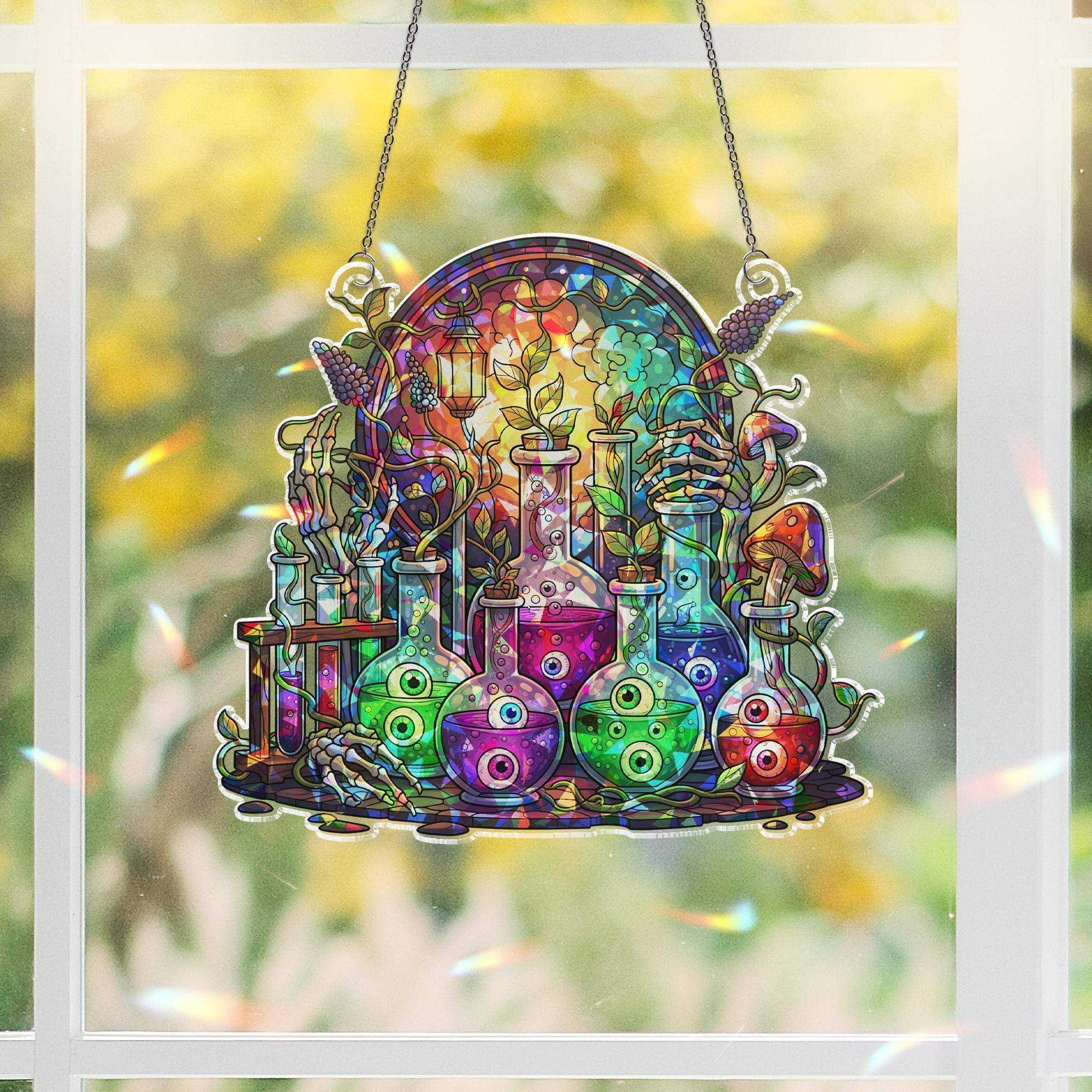 Witchy Potion Bottles Stained Glass Art - Halloween Apothecary Window Decor - Spooky Magic Lab Wall Hanging - Fantasy Gothic Sign