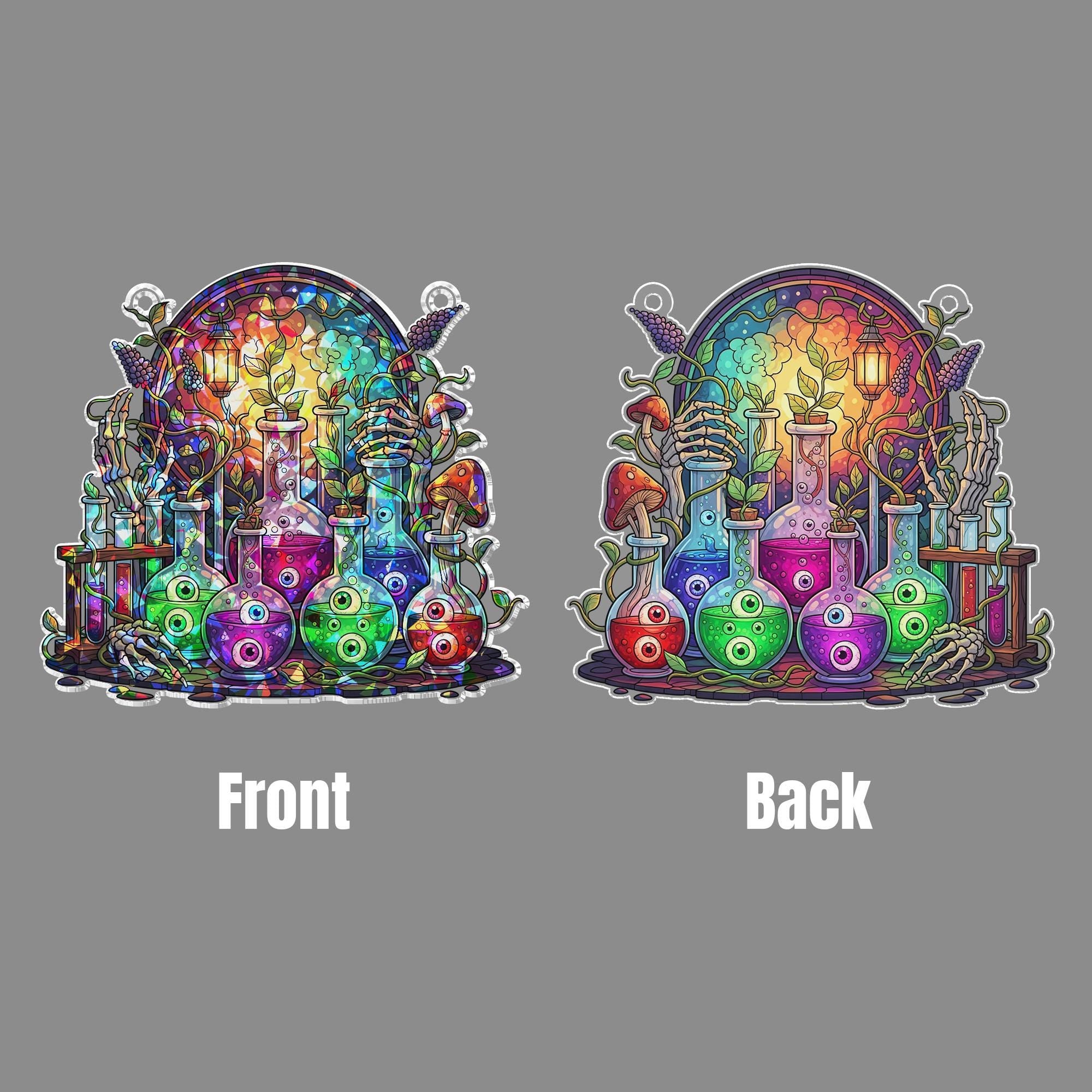 Witchy Potion Bottles Stained Glass Art - Halloween Apothecary Window Decor - Spooky Magic Lab Wall Hanging - Fantasy Gothic Sign