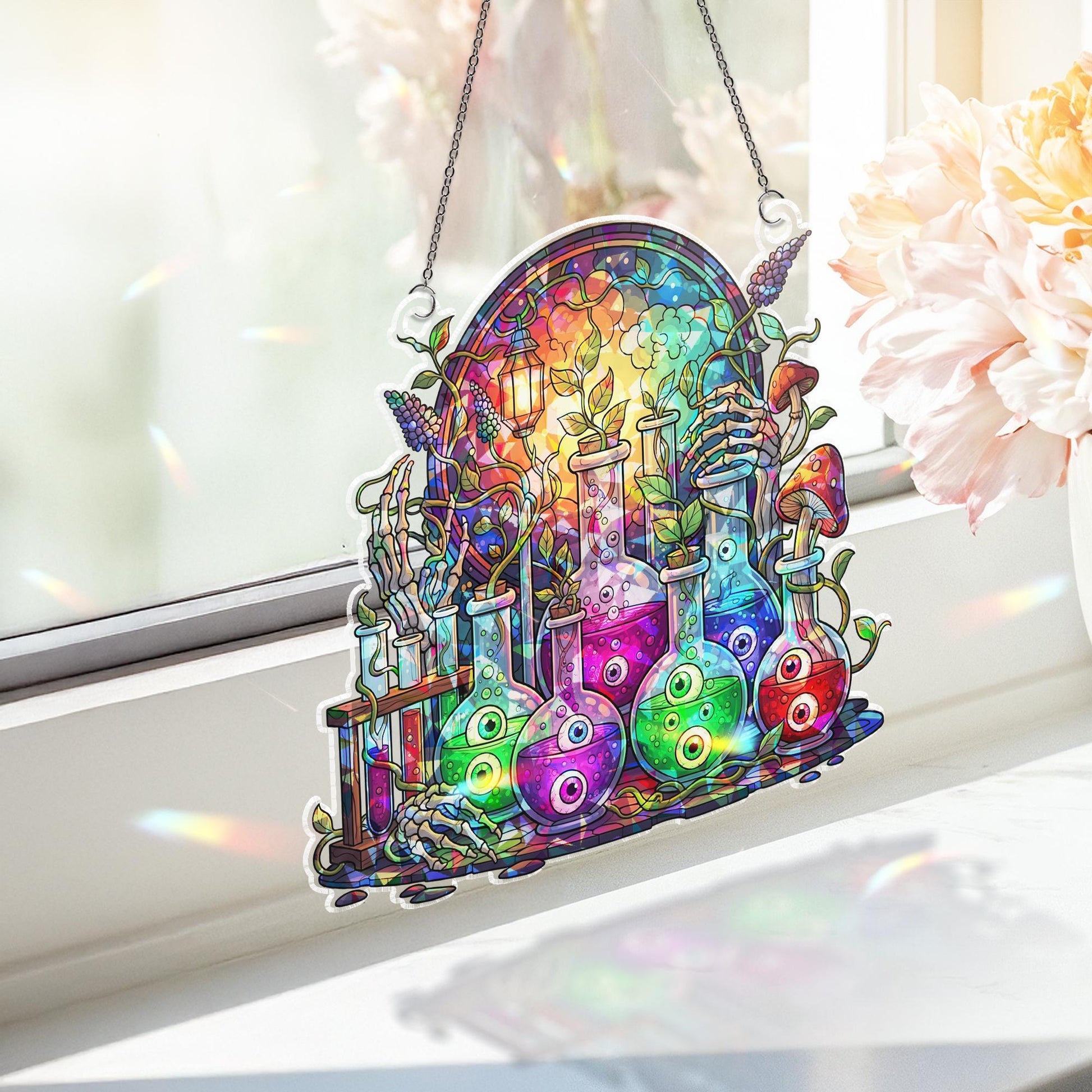 Witchy Potion Bottles Stained Glass Art - Halloween Apothecary Window Decor - Spooky Magic Lab Wall Hanging - Fantasy Gothic Sign