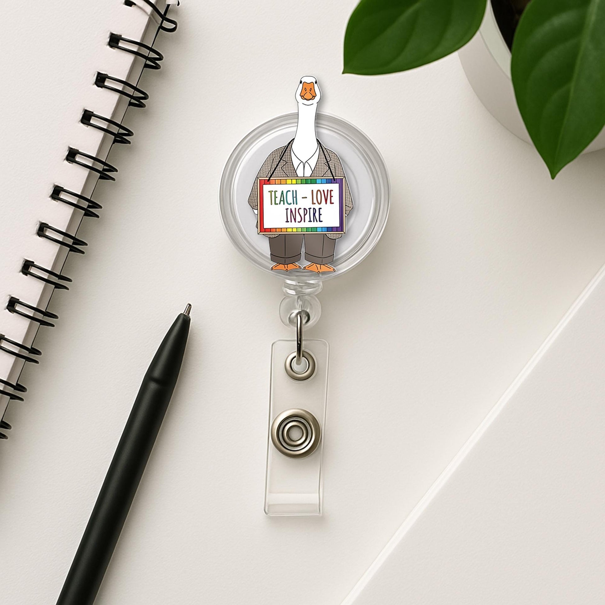 Funny Teacher Badge Reel – Goose with "Teach Love Inspire" Sign, Cute ID Holder for Educators, Nurses, or Staff, Goose Teacher Badge Clip