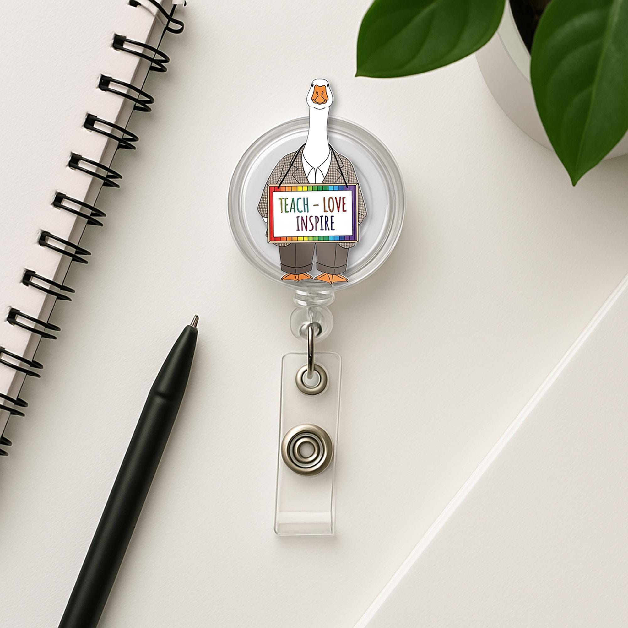 Funny Teacher Badge Reel – Goose with "Teach Love Inspire" Sign, Cute ID Holder for Educators, Nurses, or Staff, Goose Teacher Badge Clip