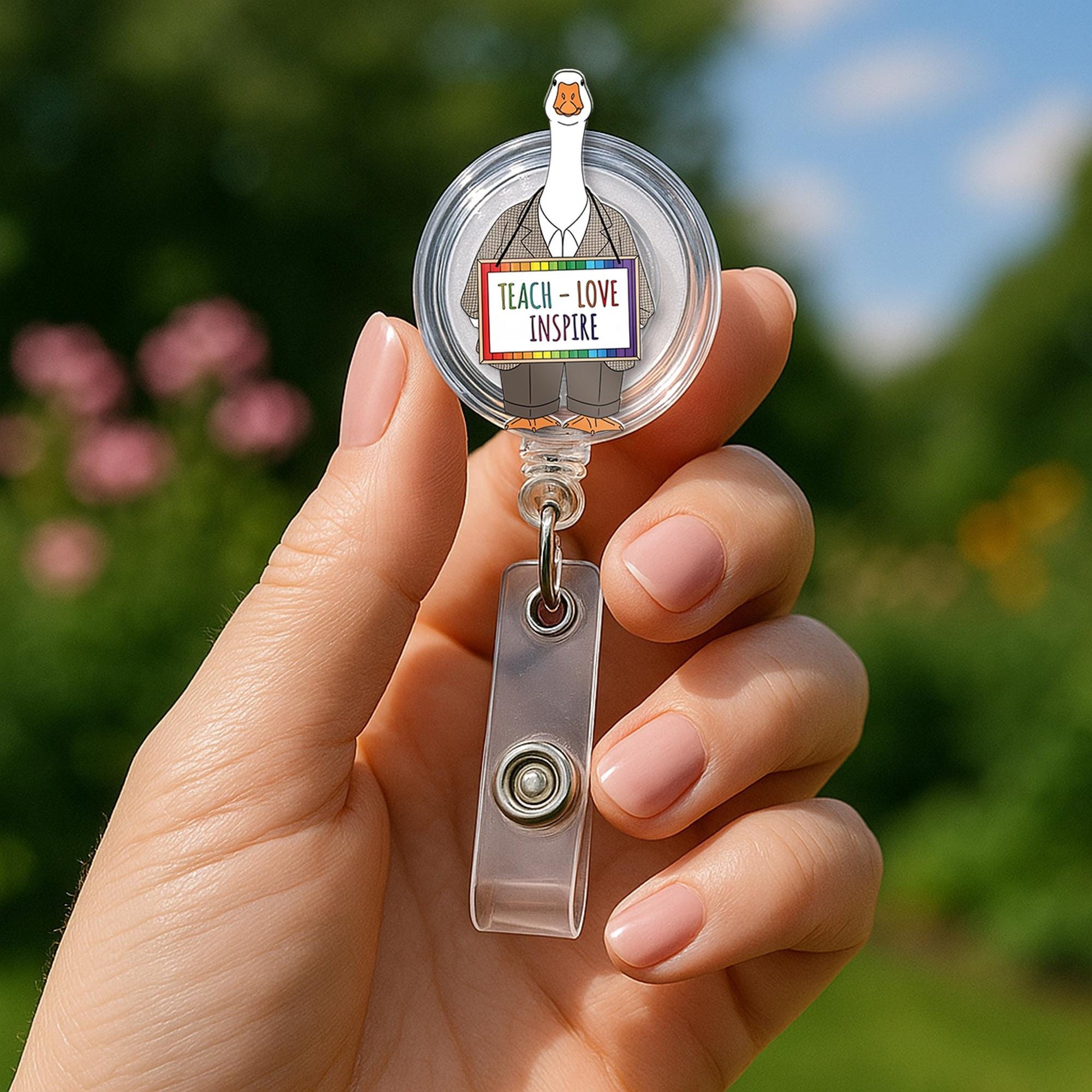 Funny Teacher Badge Reel – Goose with "Teach Love Inspire" Sign, Cute ID Holder for Educators, Nurses, or Staff, Goose Teacher Badge Clip