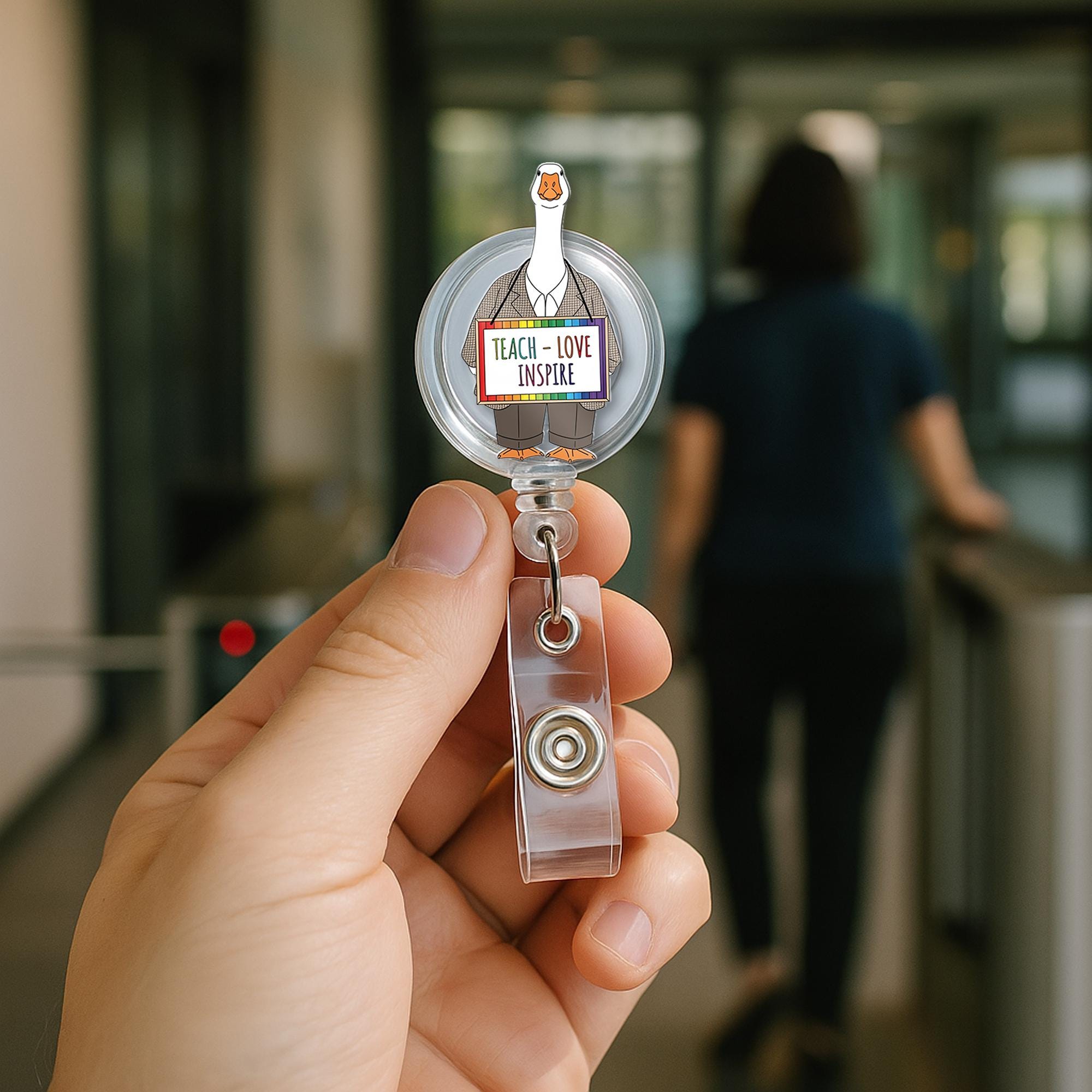 Funny Teacher Badge Reel – Goose with "Teach Love Inspire" Sign, Cute ID Holder for Educators, Nurses, or Staff, Goose Teacher Badge Clip