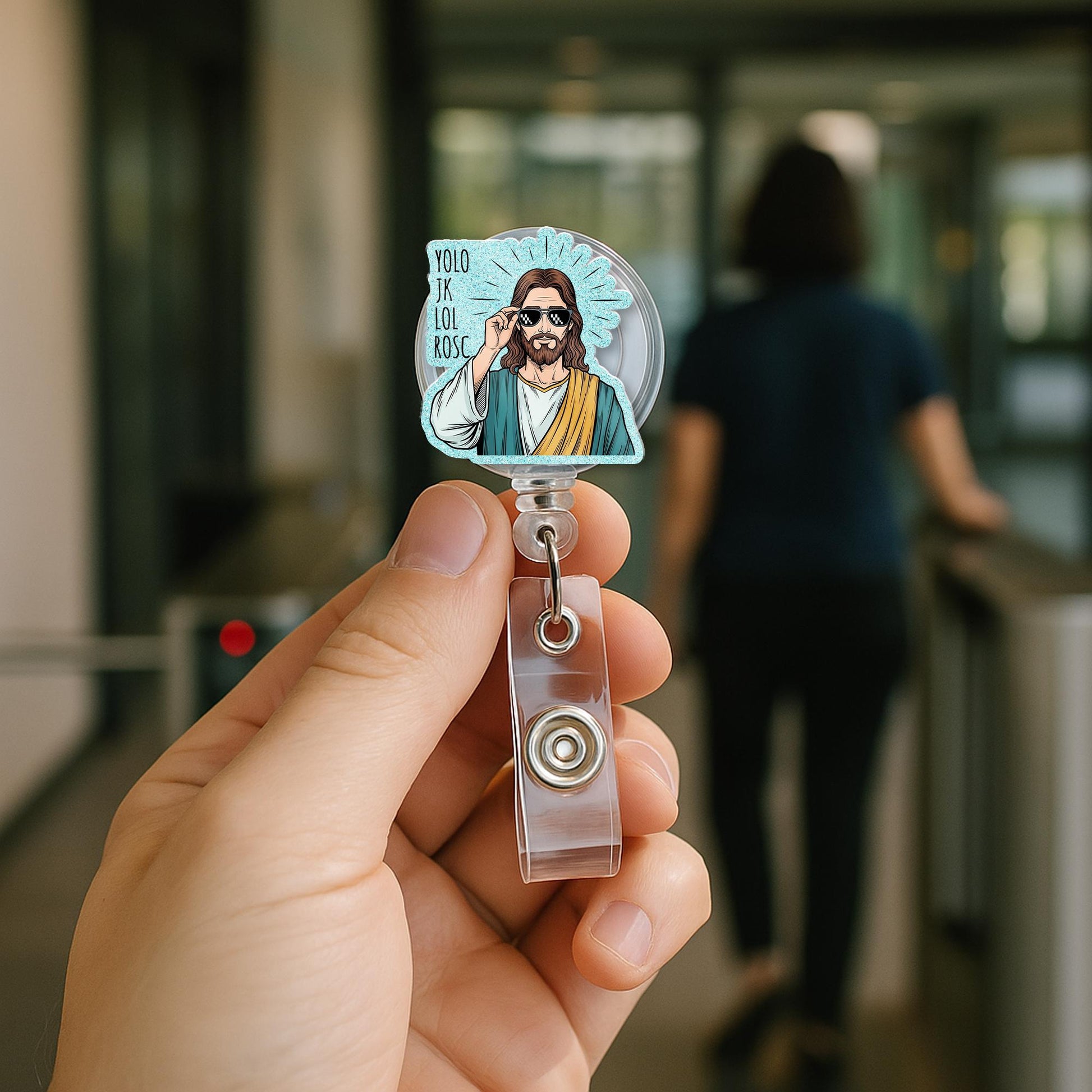 Funny Nurse Christian Badge Reel – Cool Jesus with Shades "YOLO JK lol Rosc", ID Holder for Nurses, Doctor, Medical Staffs, Funny Nurse Clip
