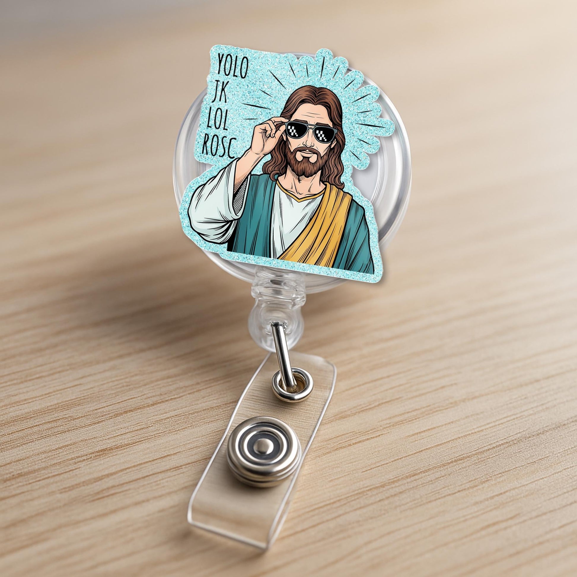 Funny Nurse Christian Badge Reel – Cool Jesus with Shades "YOLO JK lol Rosc", ID Holder for Nurses, Doctor, Medical Staffs, Funny Nurse Clip