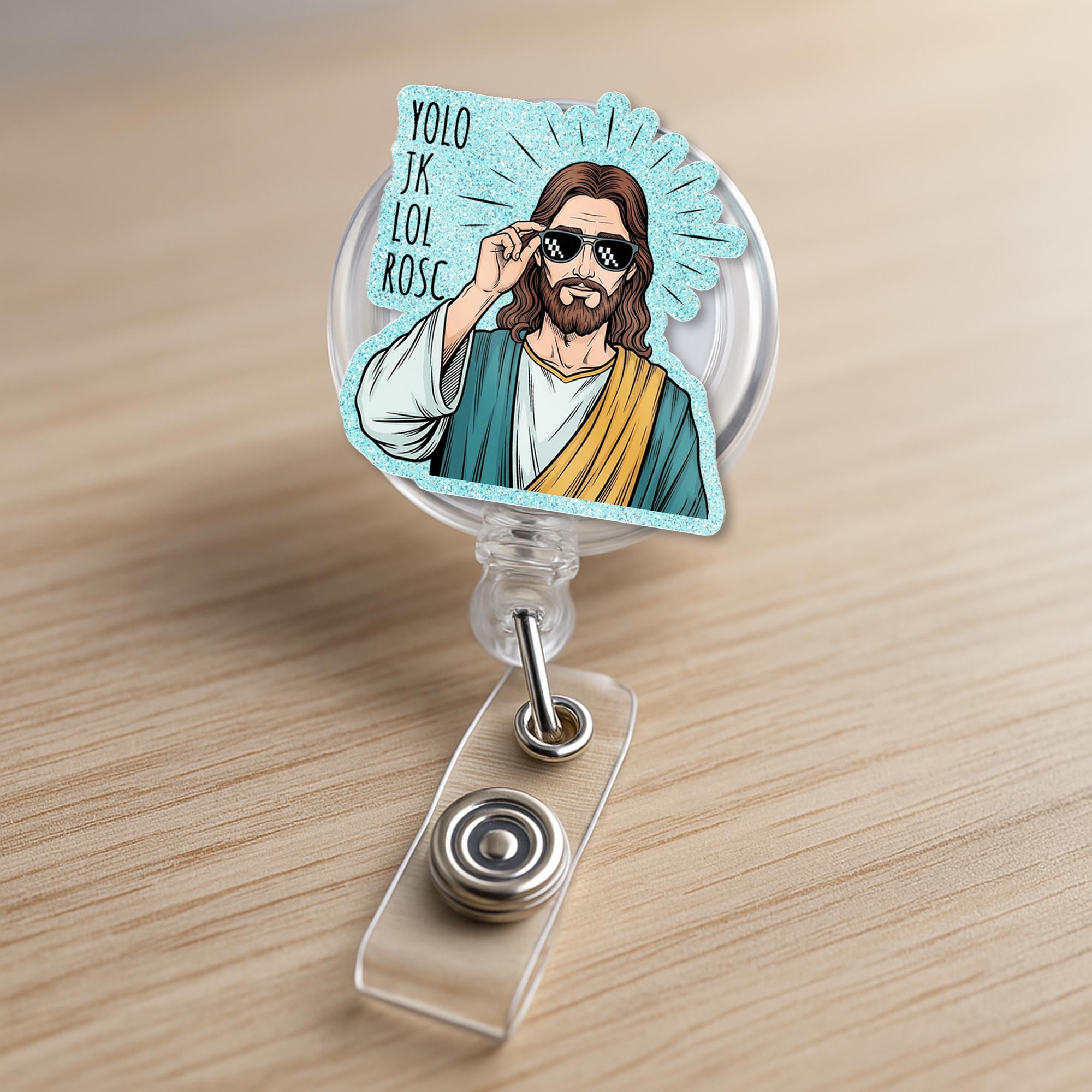 Funny Nurse Christian Badge Reel – Cool Jesus with Shades "YOLO JK lol Rosc", ID Holder for Nurses, Doctor, Medical Staffs, Funny Nurse Clip