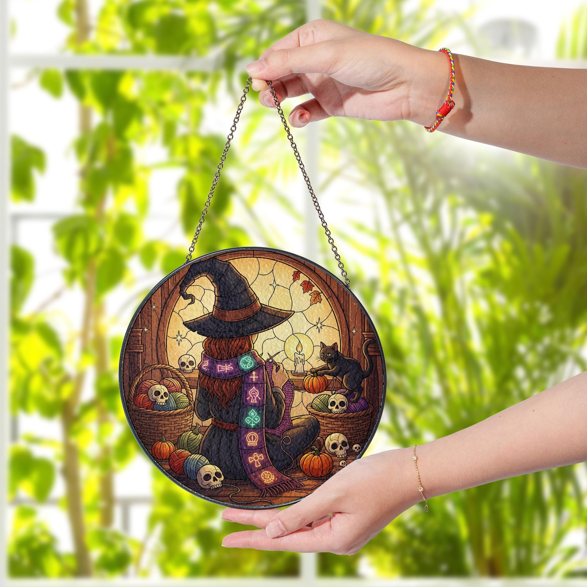 Knitting Witch Halloween Decor - Cozy Witch Wall Hanging with Cat and Yarn - Spooky Fall Gothic Art for Crafters