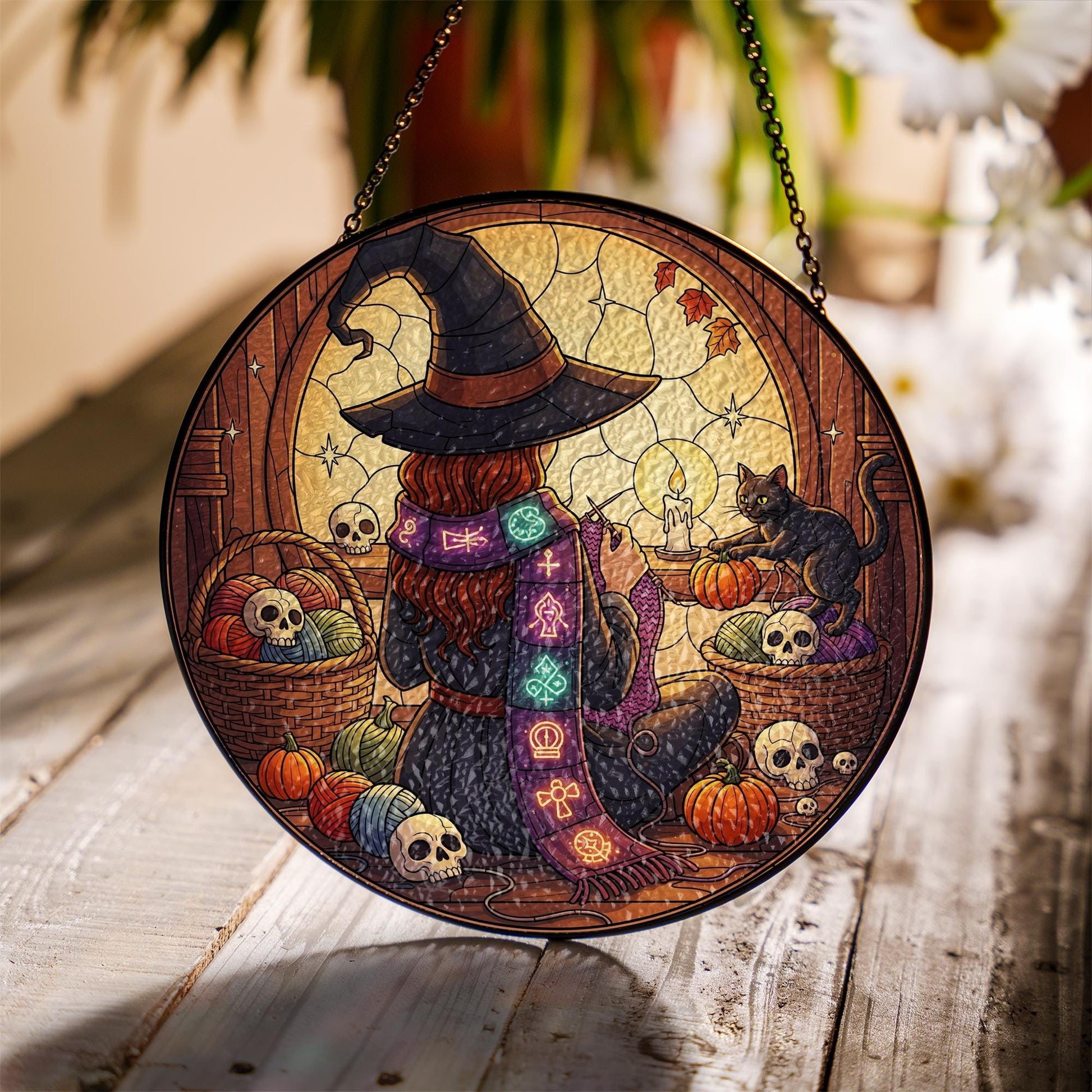 Knitting Witch Halloween Decor - Cozy Witch Wall Hanging with Cat and Yarn - Spooky Fall Gothic Art for Crafters