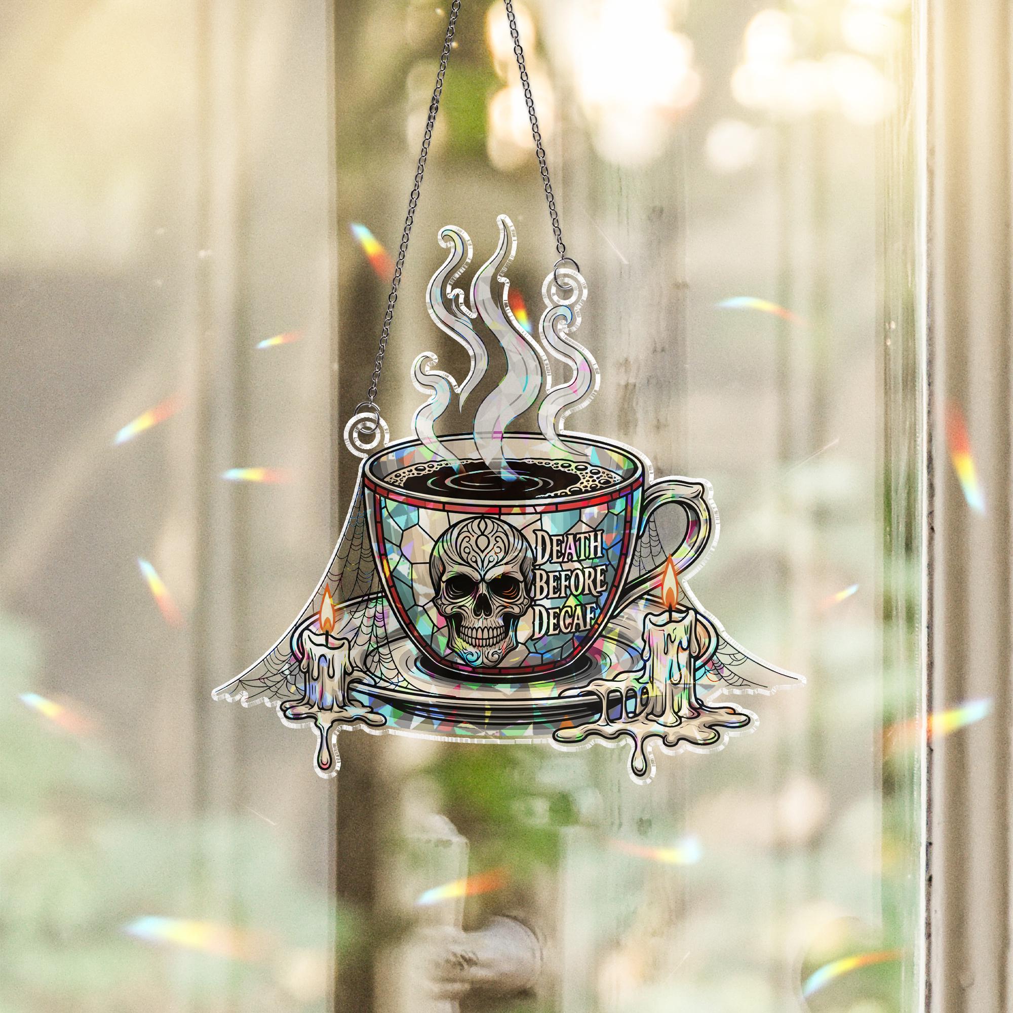 Death Before Decaf Coffee Sign - Gothic Coffee Decor with Skull and Candles - Halloween Kitchen Wall Art