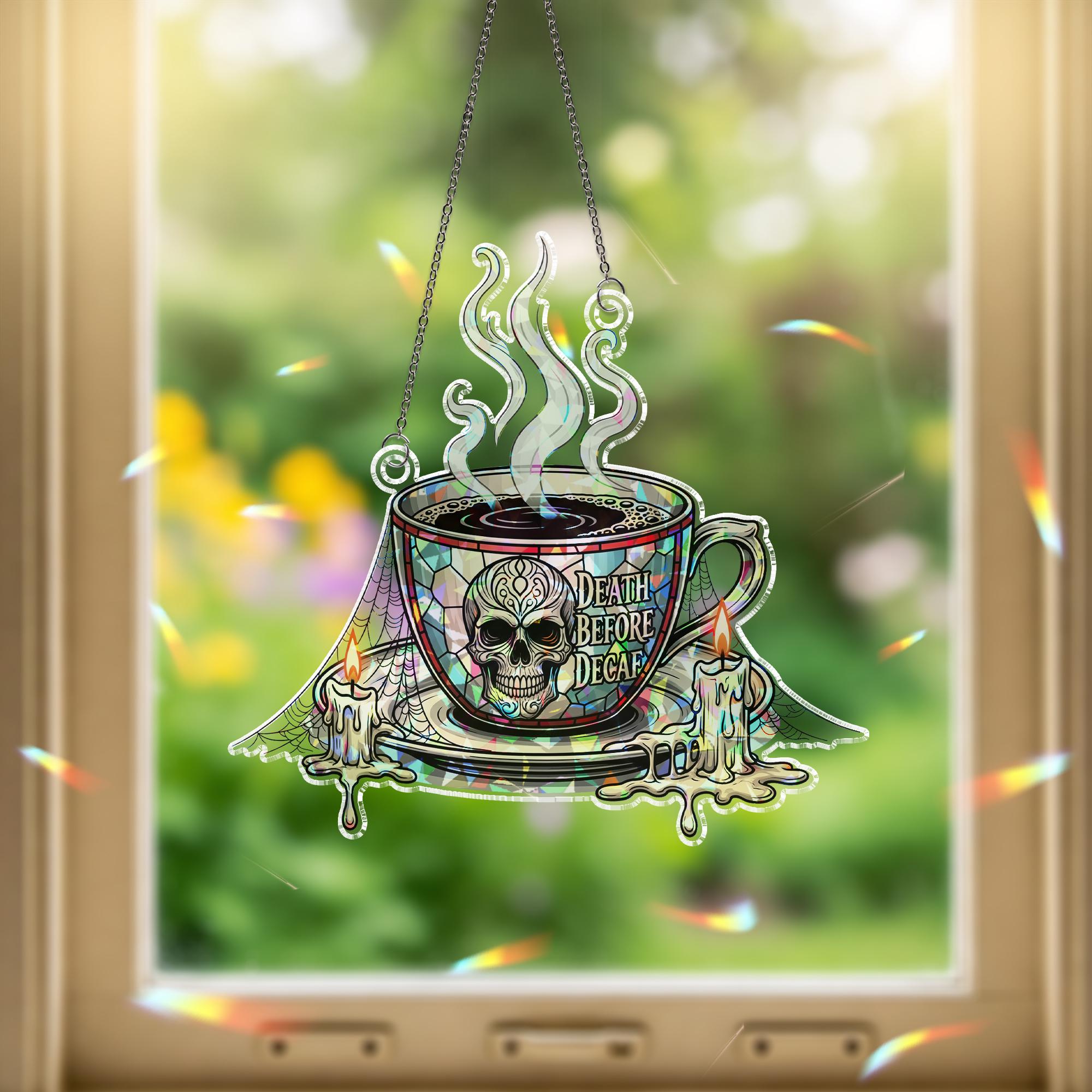 Death Before Decaf Coffee Sign - Gothic Coffee Decor with Skull and Candles - Halloween Kitchen Wall Art