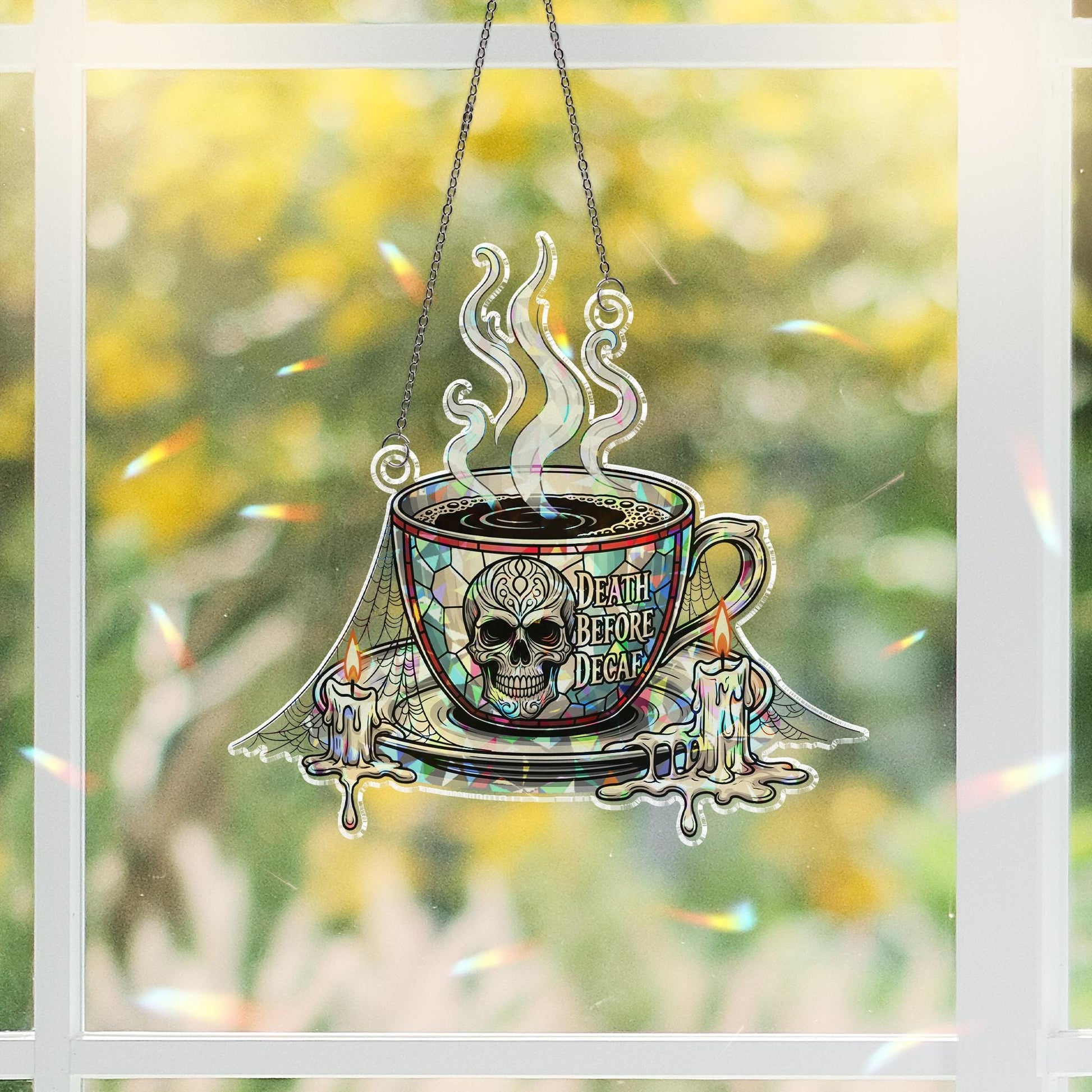 Death Before Decaf Coffee Sign - Gothic Coffee Decor with Skull and Candles - Halloween Kitchen Wall Art