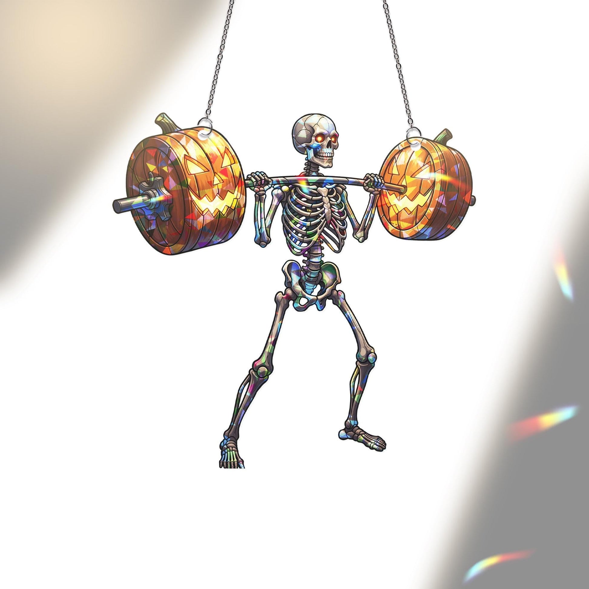 Skeleton Weightlifting Pumpkin Suncatcher - Funny Halloween Gym Decor - Jack O’Lantern Fitness Gift