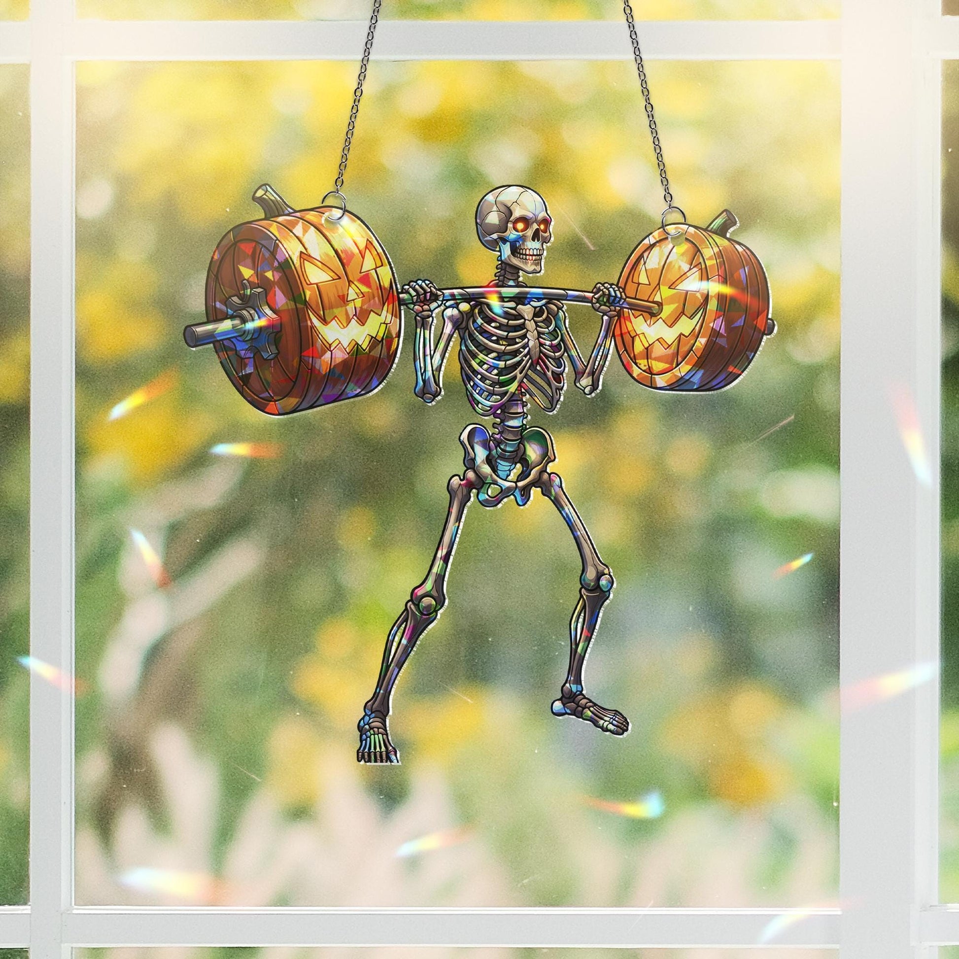 Skeleton Weightlifting Pumpkin Suncatcher - Funny Halloween Gym Decor - Jack O’Lantern Fitness Gift
