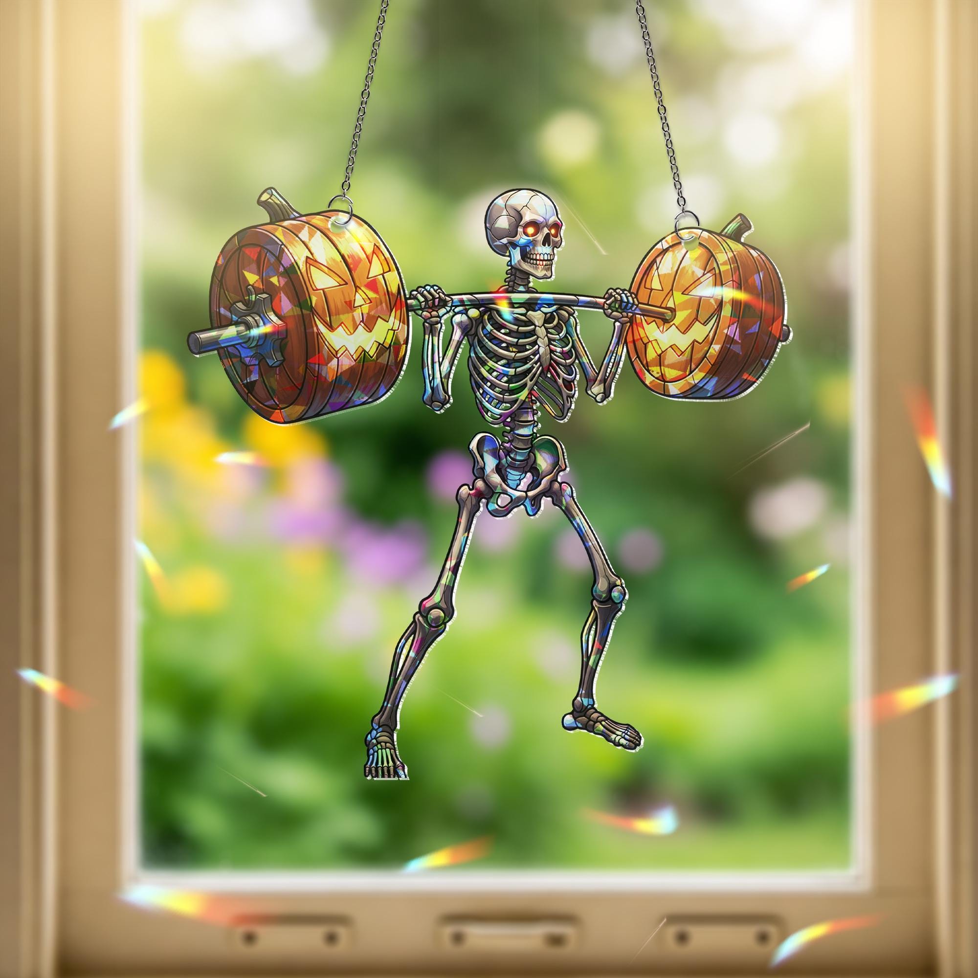 Skeleton Weightlifting Pumpkin Suncatcher - Funny Halloween Gym Decor - Jack O’Lantern Fitness Gift