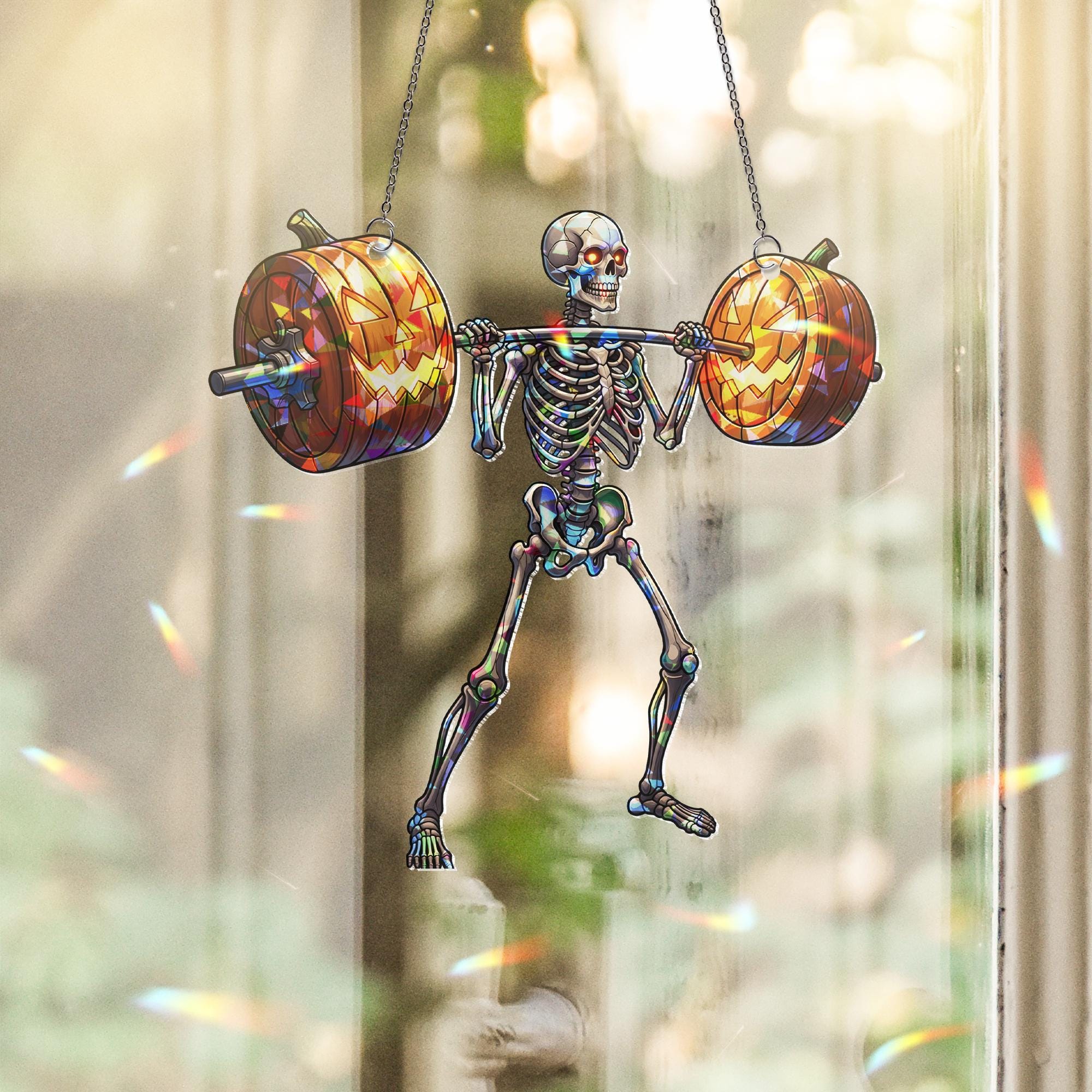 Skeleton Weightlifting Pumpkin Suncatcher - Funny Halloween Gym Decor - Jack O’Lantern Fitness Gift