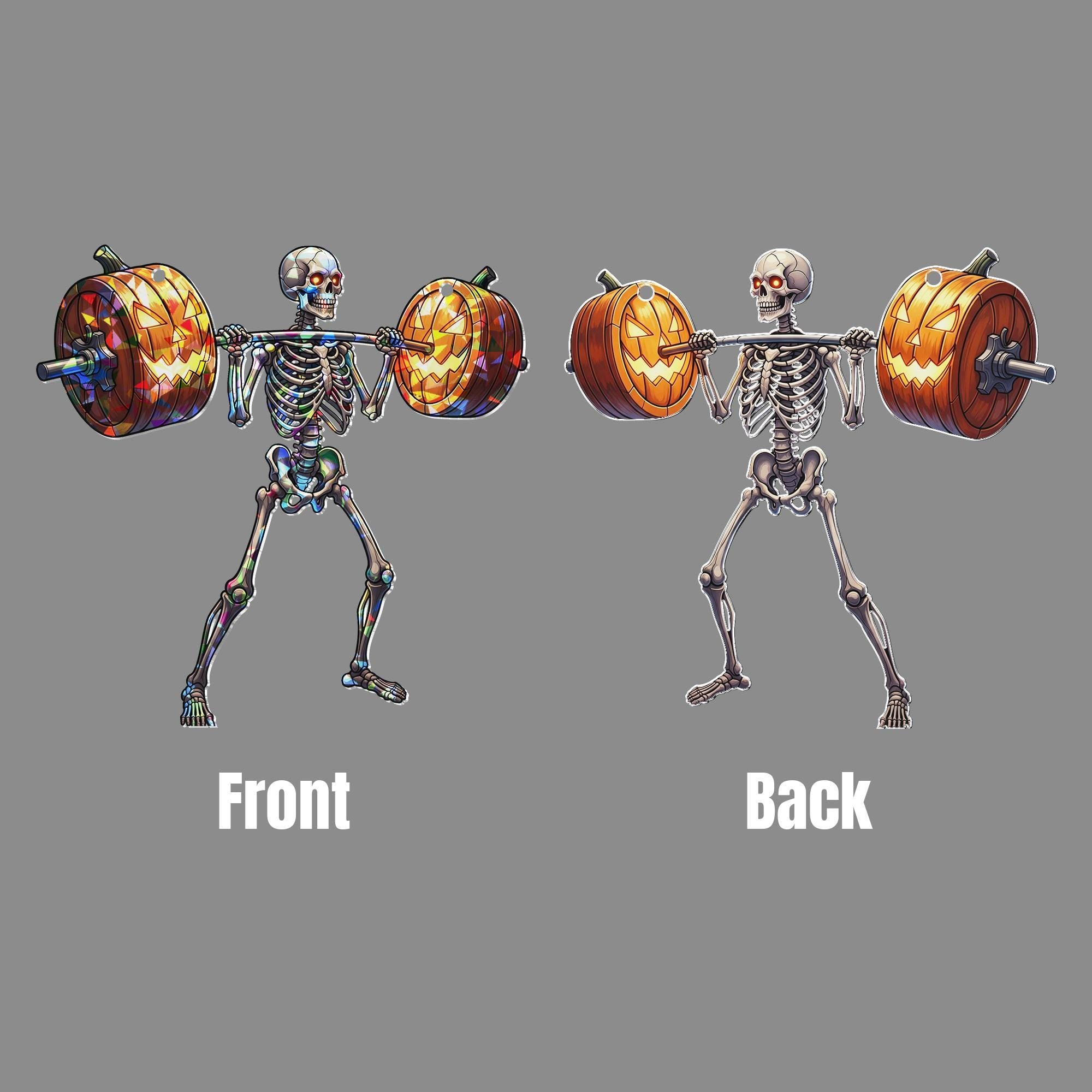 Skeleton Weightlifting Pumpkin Suncatcher - Funny Halloween Gym Decor - Jack O’Lantern Fitness Gift