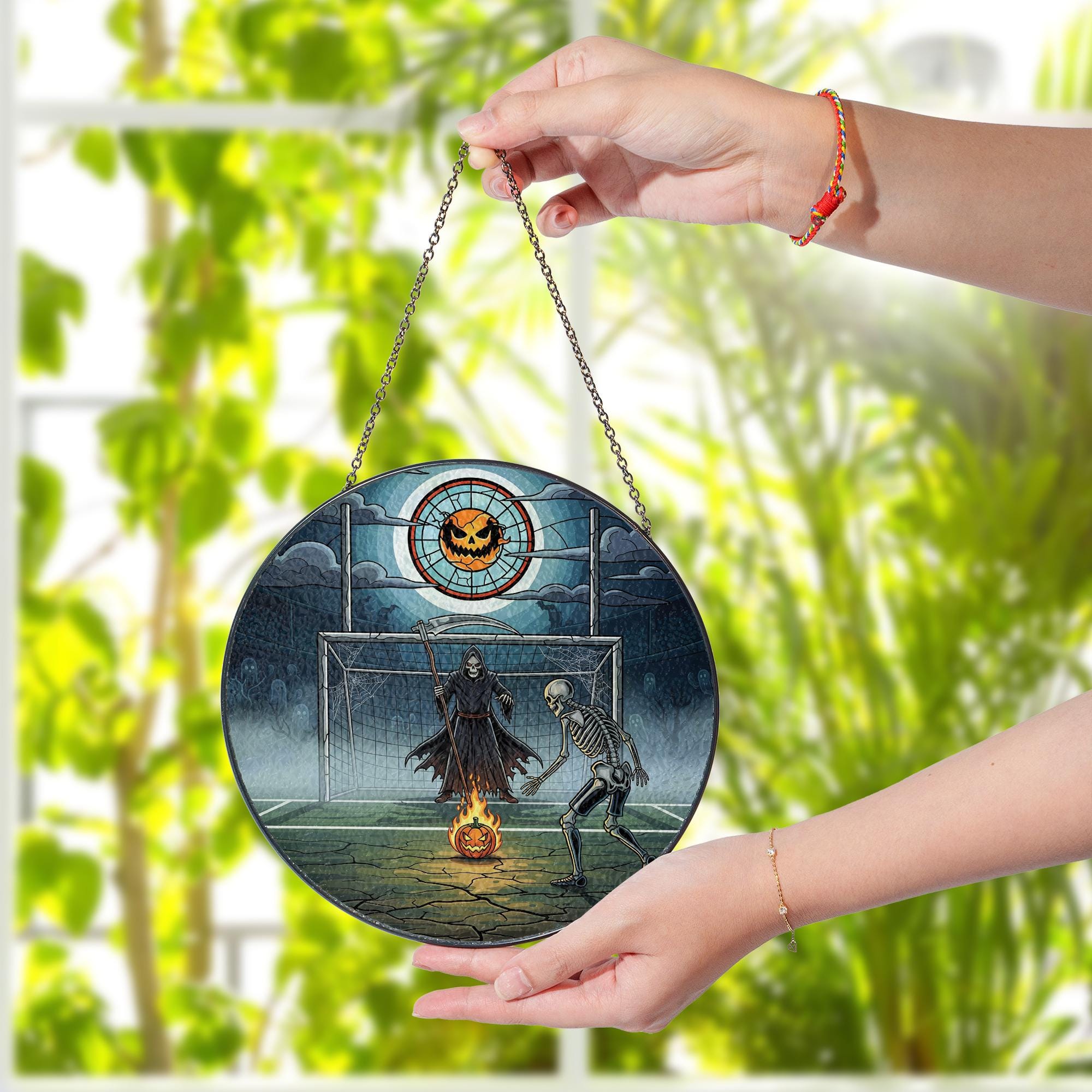 Skeleton Soccer Halloween Suncatcher - Grim Reaper Pumpkin Sports Decor - Spooky Football Gift