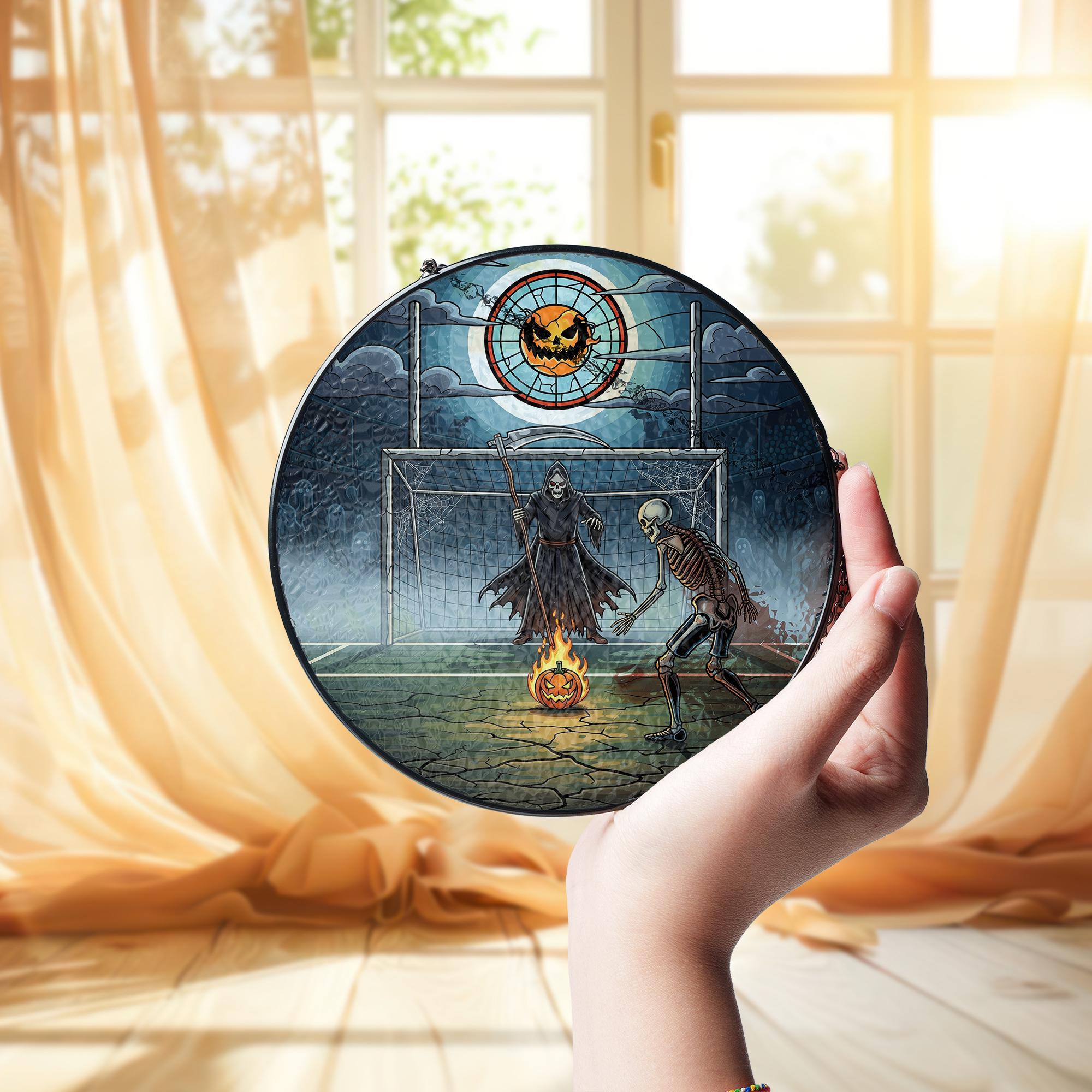 Skeleton Soccer Halloween Suncatcher - Grim Reaper Pumpkin Sports Decor - Spooky Football Gift