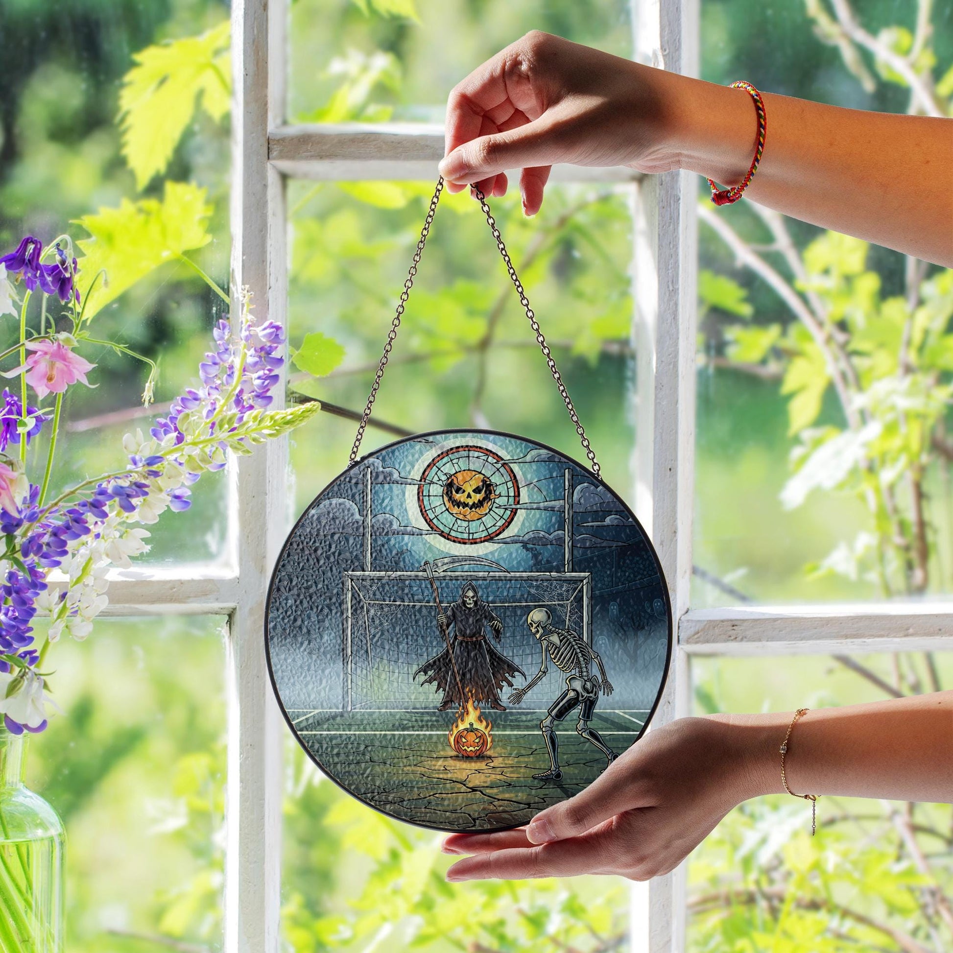 Skeleton Soccer Halloween Suncatcher - Grim Reaper Pumpkin Sports Decor - Spooky Football Gift