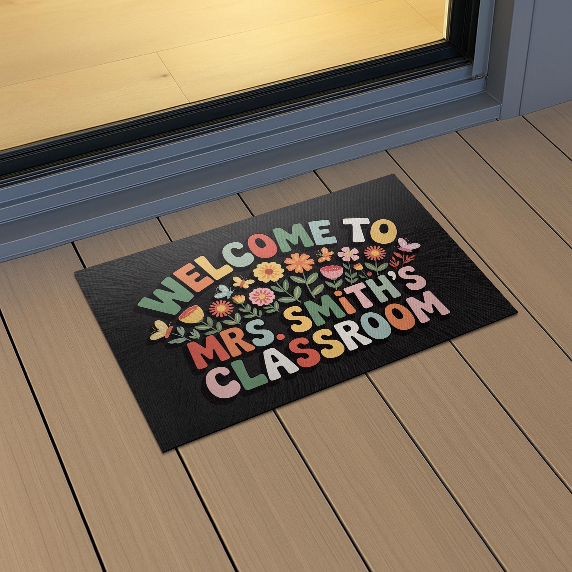 Floral Classroom Welcome Mat, Personalized Teacher Doormat with Colorful Flowers and Name, Cute School Decor or Teacher Gift, Back To School
