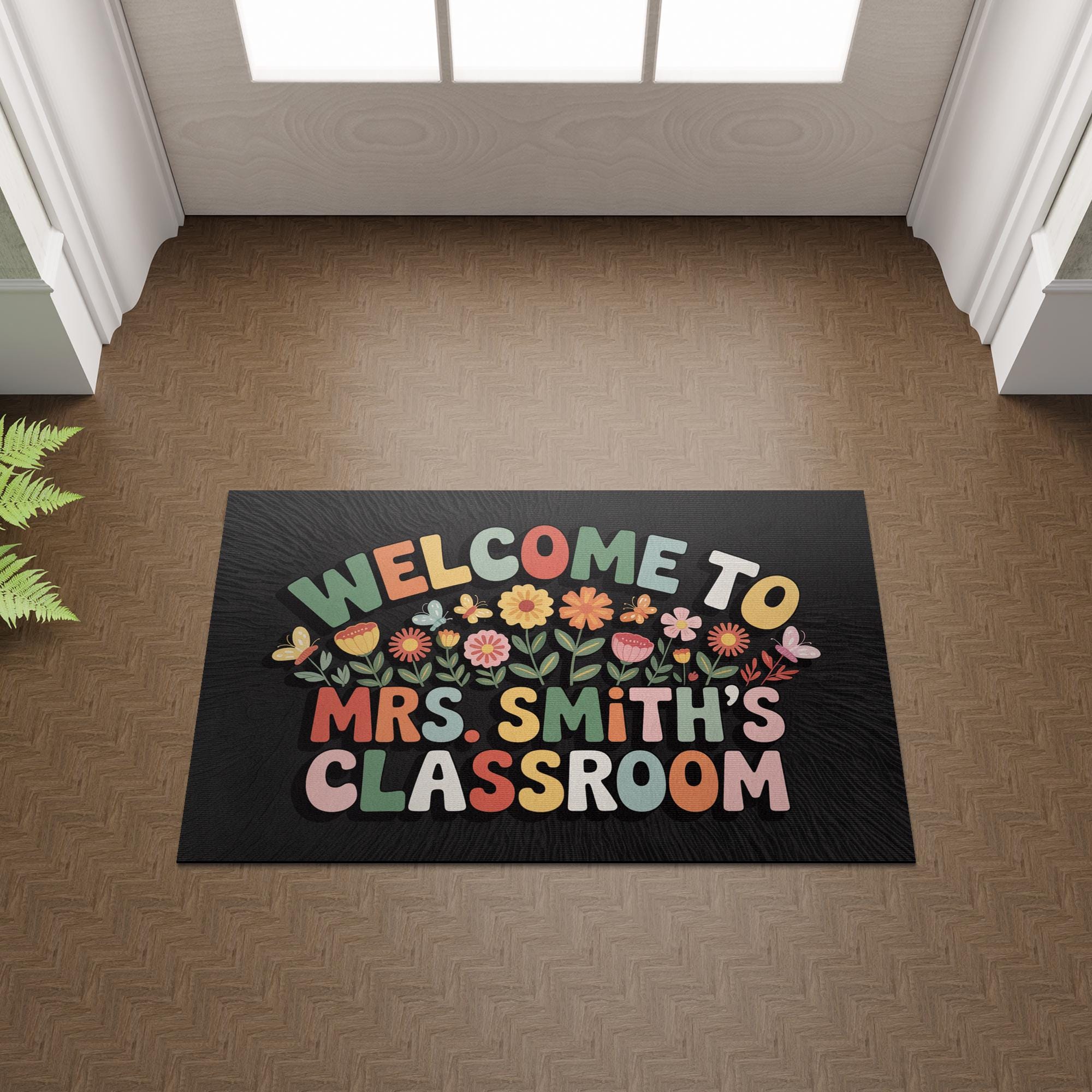 Floral Classroom Welcome Mat, Personalized Teacher Doormat with Colorful Flowers and Name, Cute School Decor or Teacher Gift, Back To School