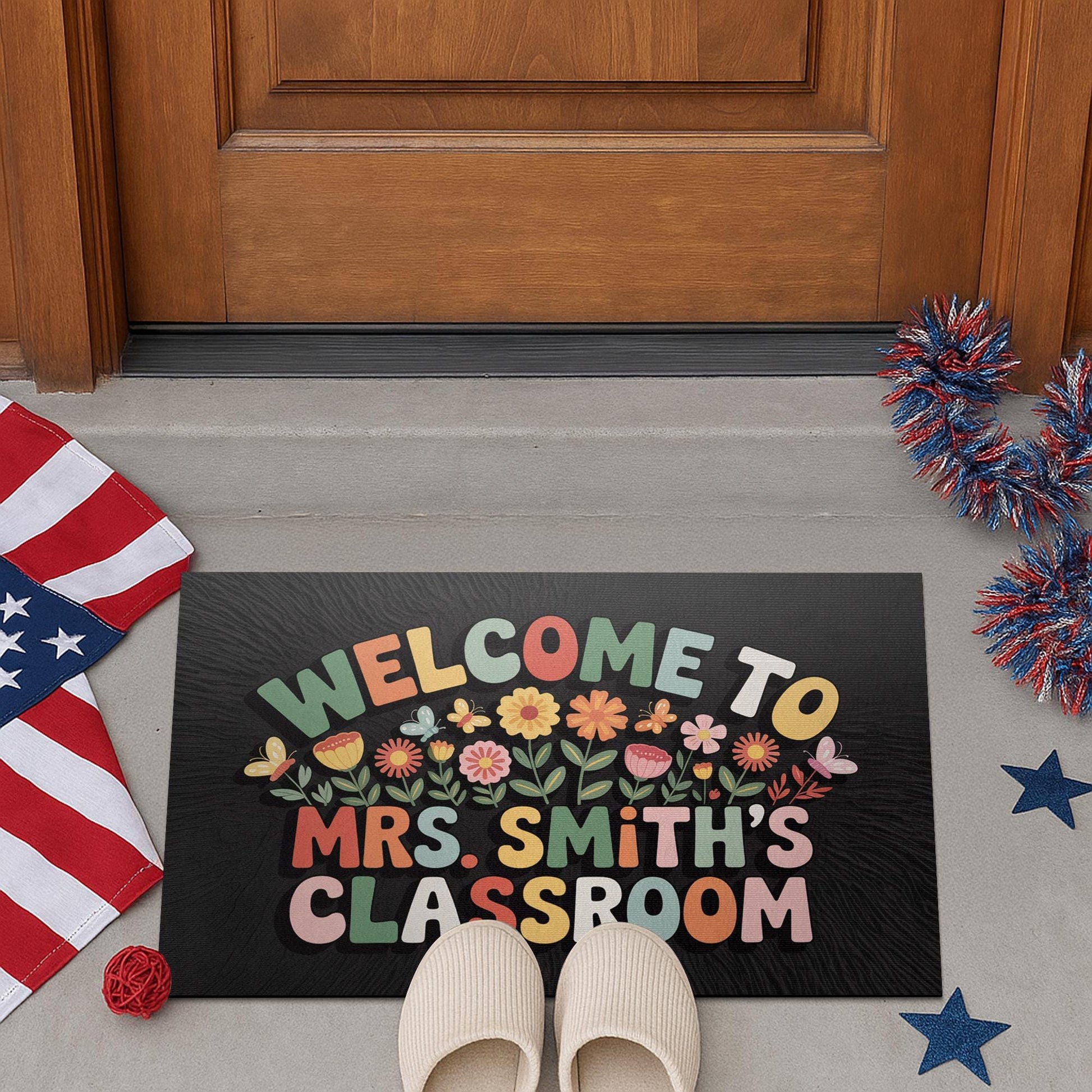 Floral Classroom Welcome Mat, Personalized Teacher Doormat with Colorful Flowers and Name, Cute School Decor or Teacher Gift, Back To School