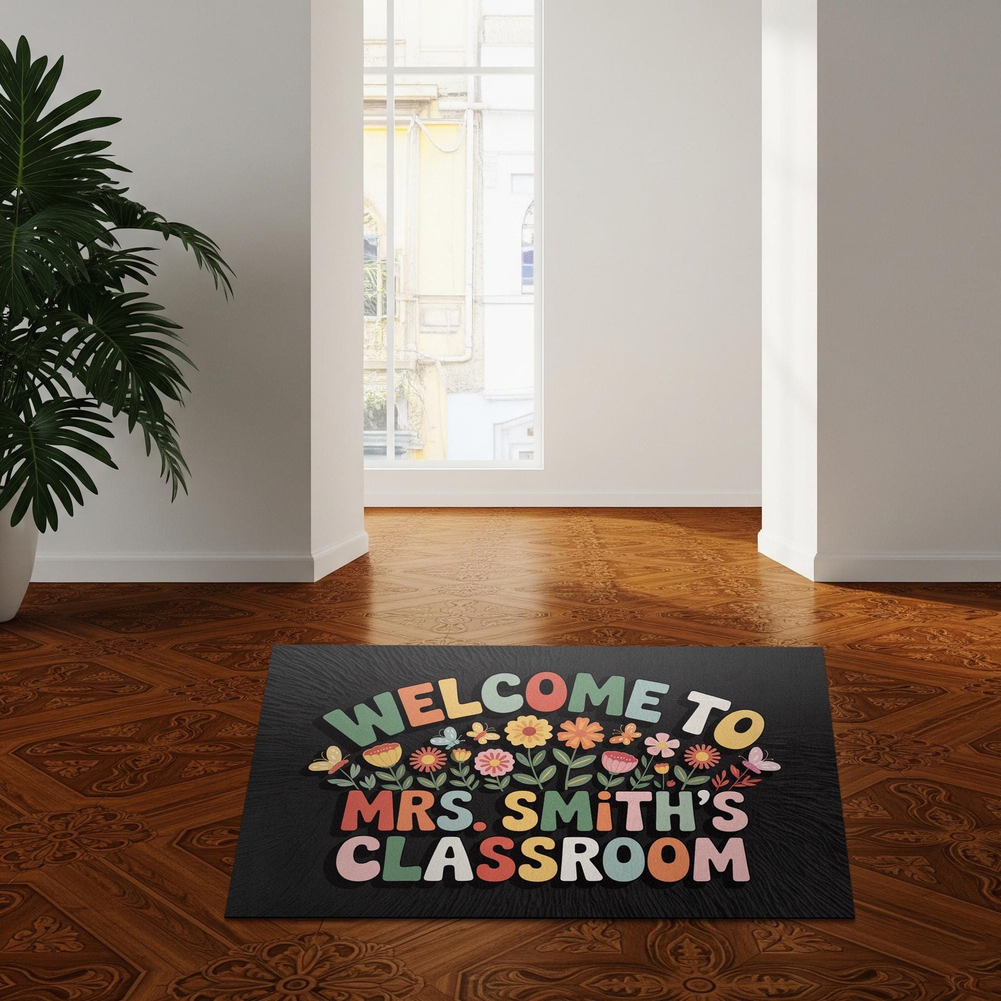 Floral Classroom Welcome Mat, Personalized Teacher Doormat with Colorful Flowers and Name, Cute School Decor or Teacher Gift, Back To School