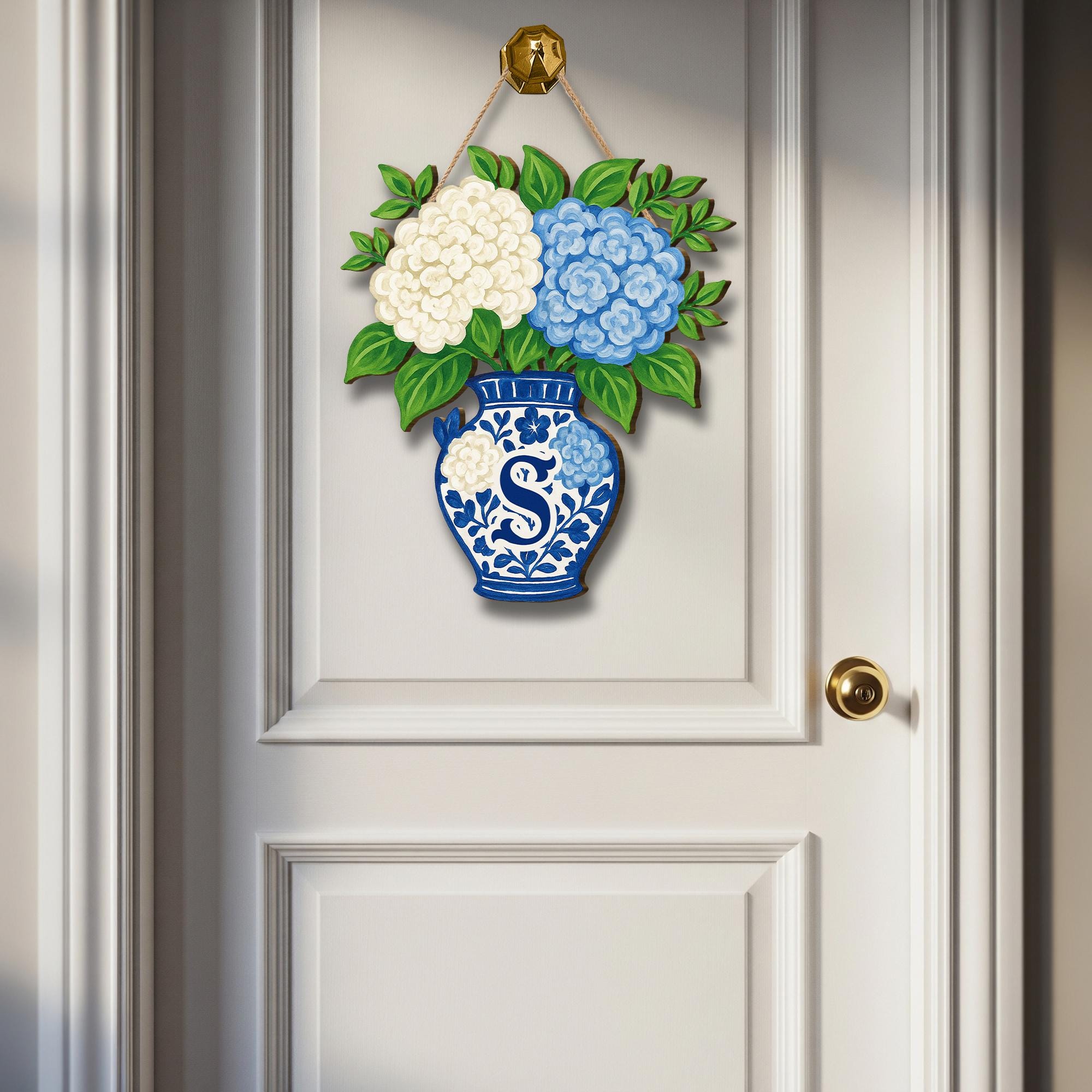 Hydrangea Chinoiserie Vase Monogram Door Hanger | Blue and White Floral Front Door Decor | Personalized Spring Summer Door Sign