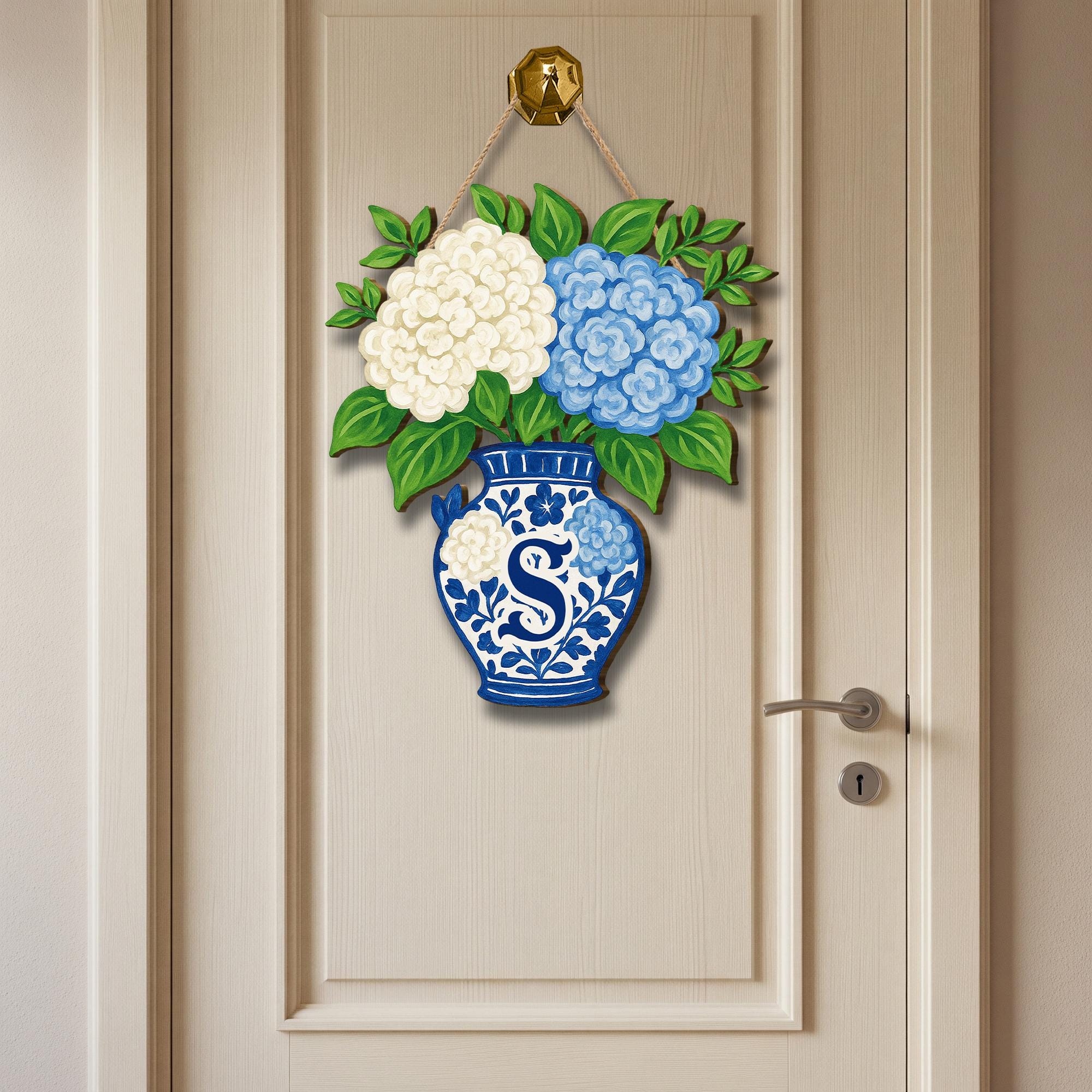 Hydrangea Chinoiserie Vase Monogram Door Hanger | Blue and White Floral Front Door Decor | Personalized Spring Summer Door Sign